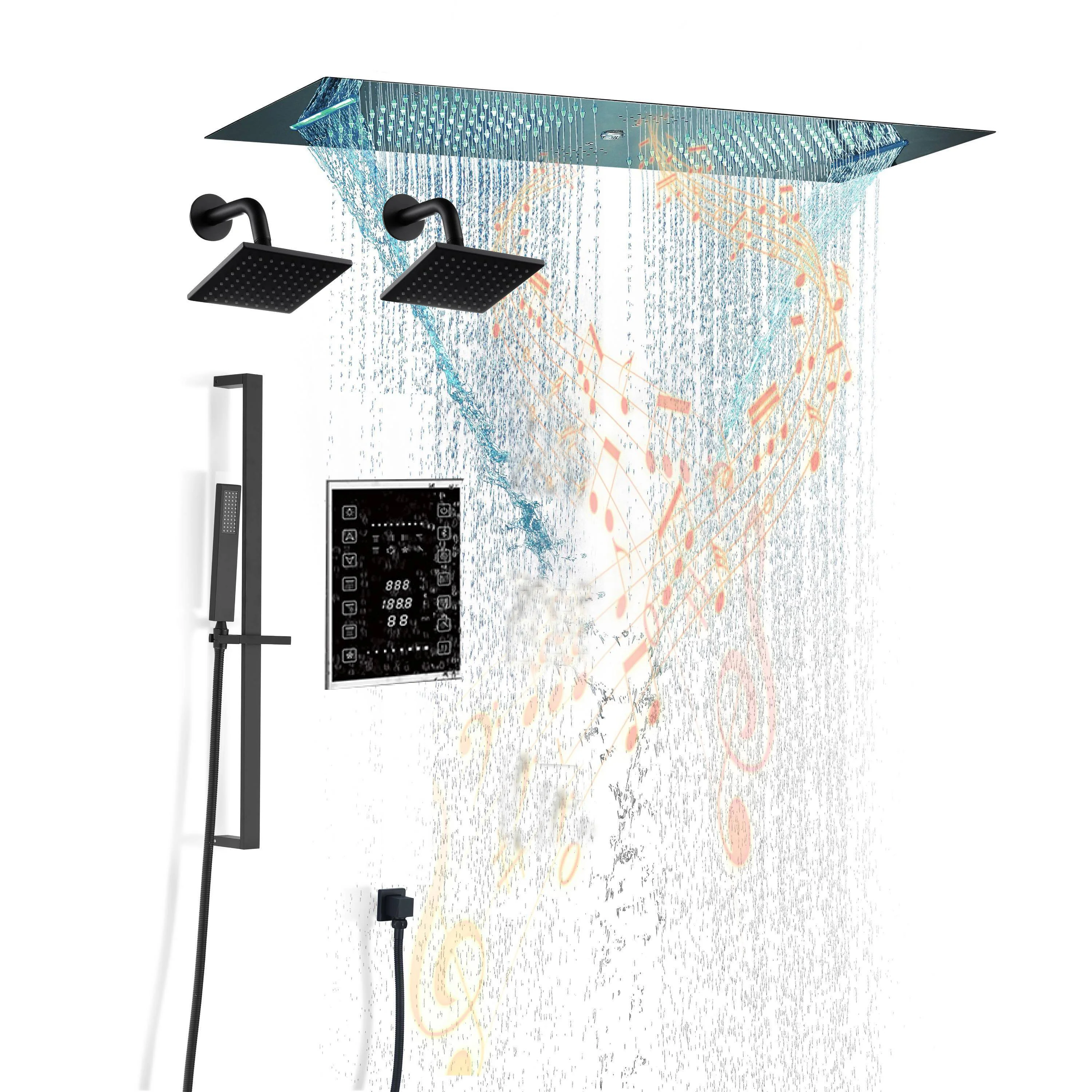 Brushed Gold or matte black or brushed nickel or chrome 35" Bluetooth Music LED Shower System with Waterfall, 6-Way Touch Digital Thermostatic Valve, Dual Regular Head, Touch Panel - Image 4