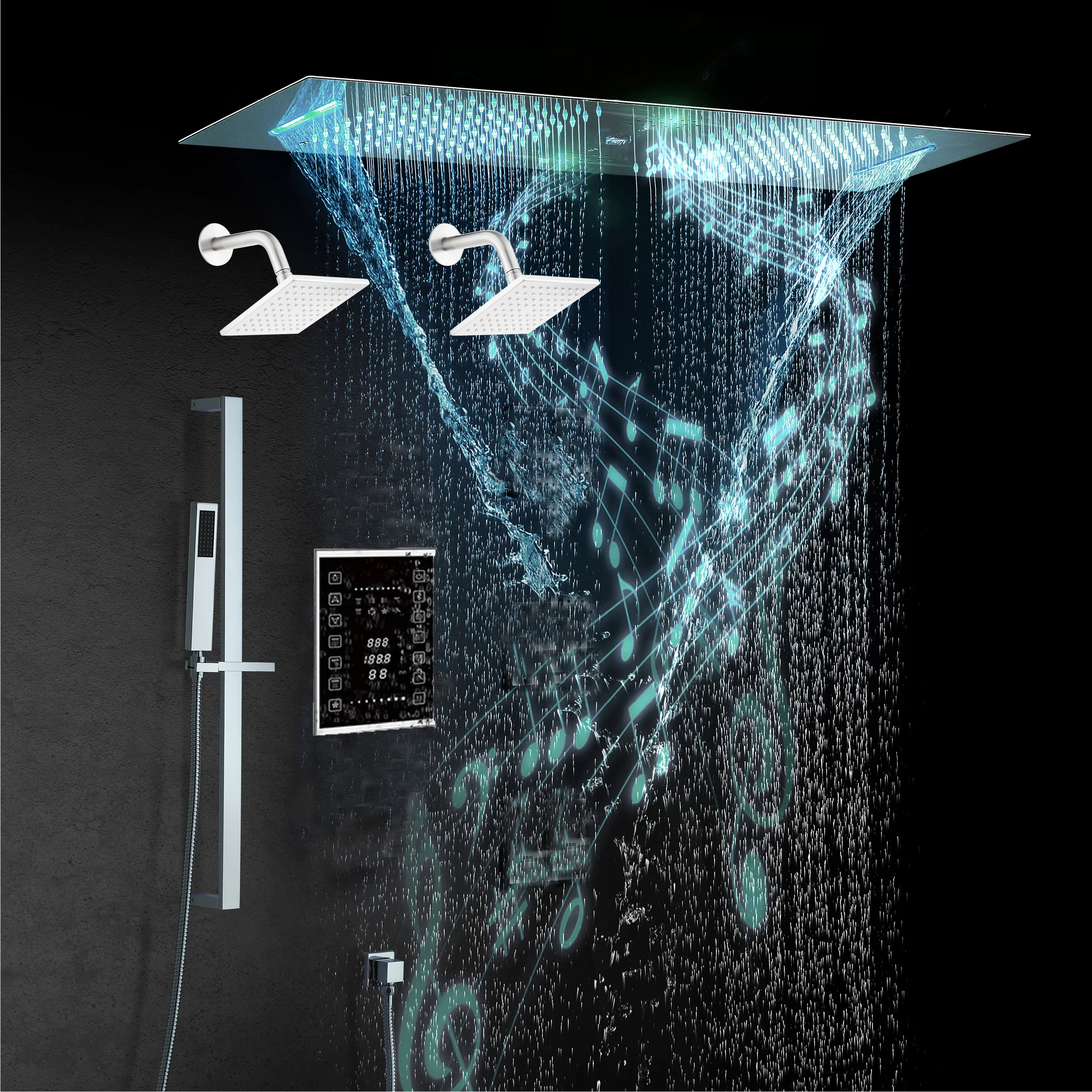 Brushed Gold or matte black or brushed nickel or chrome 35" Bluetooth Music LED Shower System with Waterfall, 6-Way Touch Digital Thermostatic Valve, Dual Regular Head, Touch Panel - Image 5