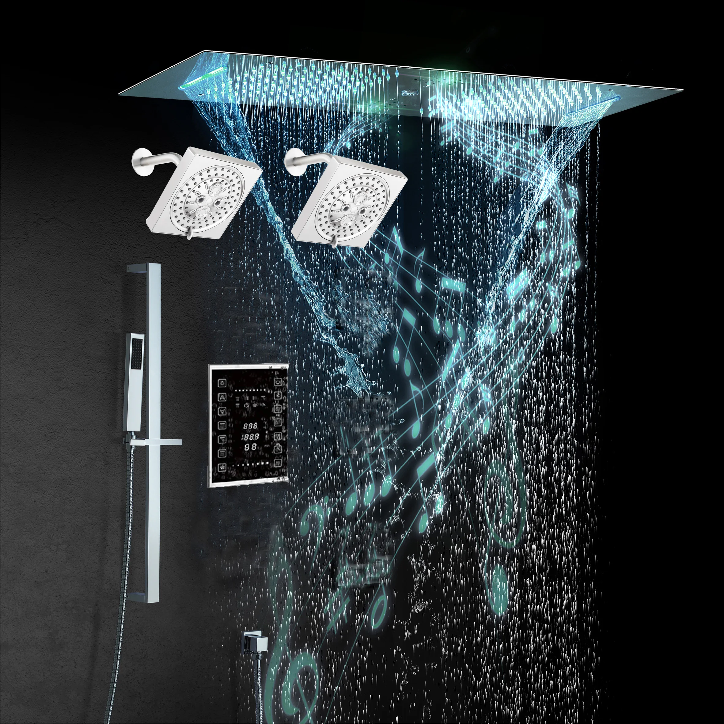 Brushed Gold or matte black or brushed nickel or chrome 35" Bluetooth Music LED Shower System with Waterfall, 6-Way Touch Digital Thermostatic Valve, Dual Regular Head, Touch Panel - Image 6