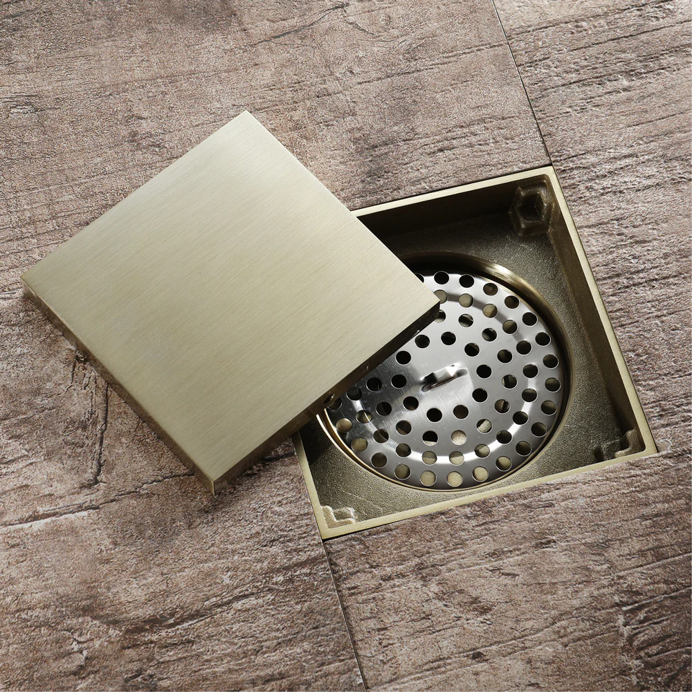 Brushed Gold 4-inch brass Shower Floor Drain with Removable Strainer Cover and Square Anti-clogging - Image 3