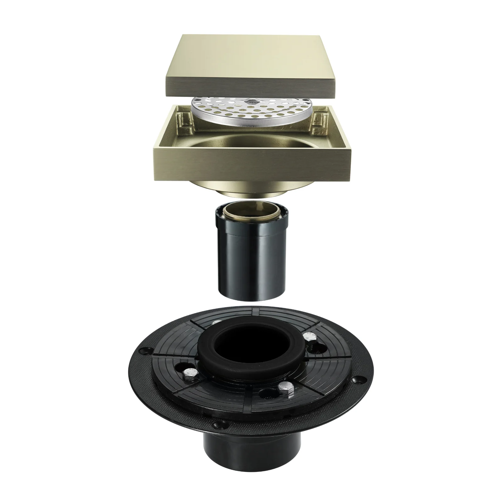 Brushed Gold 4-inch brass Shower Floor Drain with Removable Strainer Cover and Square Anti-clogging - Image 4