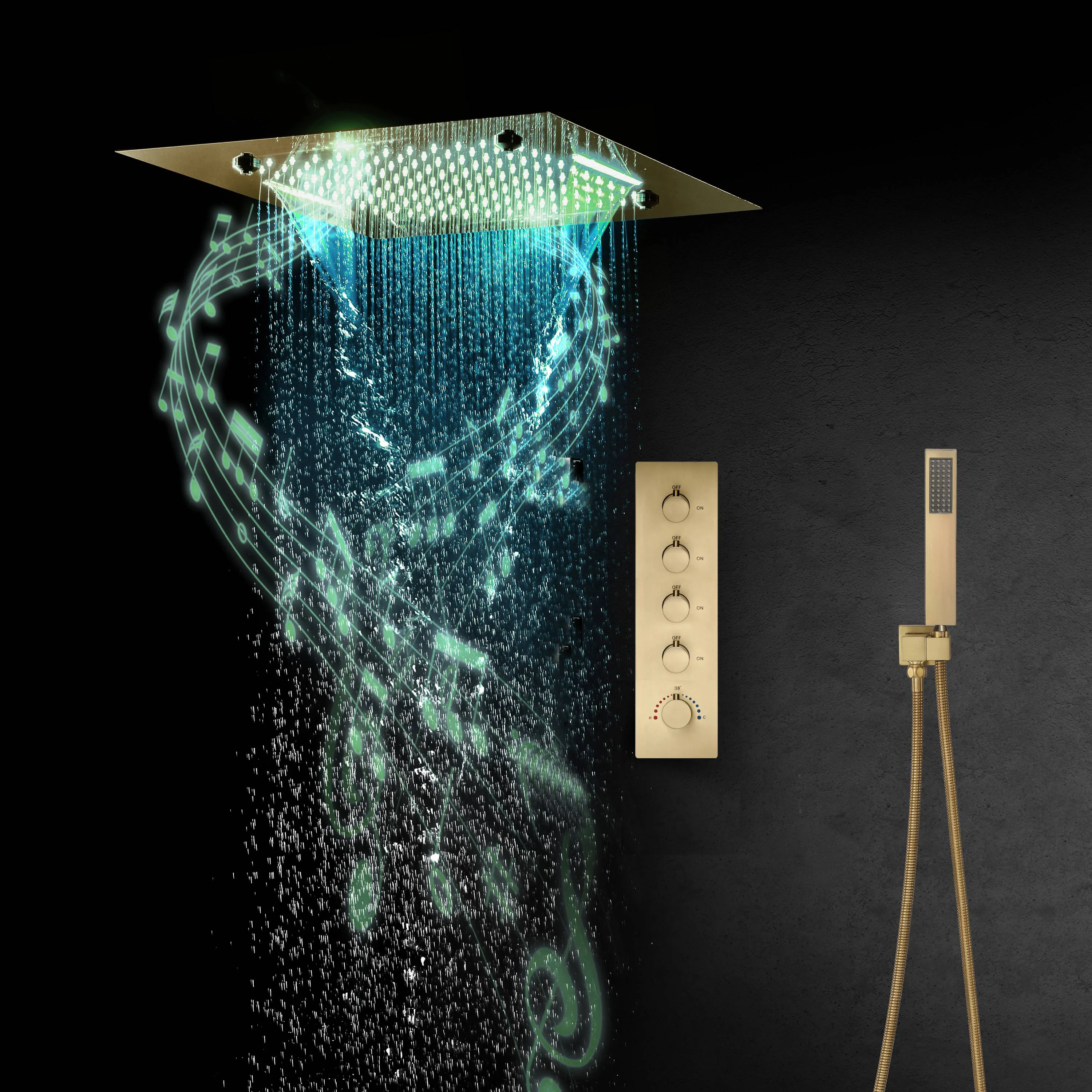 Brushed Gold 4-Way Thermostatic Shower System with 20-Inch LED Rainfall, Waterfall, and Mist Functions, Bluetooth Music and Touch Panel Control, Flush-Mounted Design - Image 2