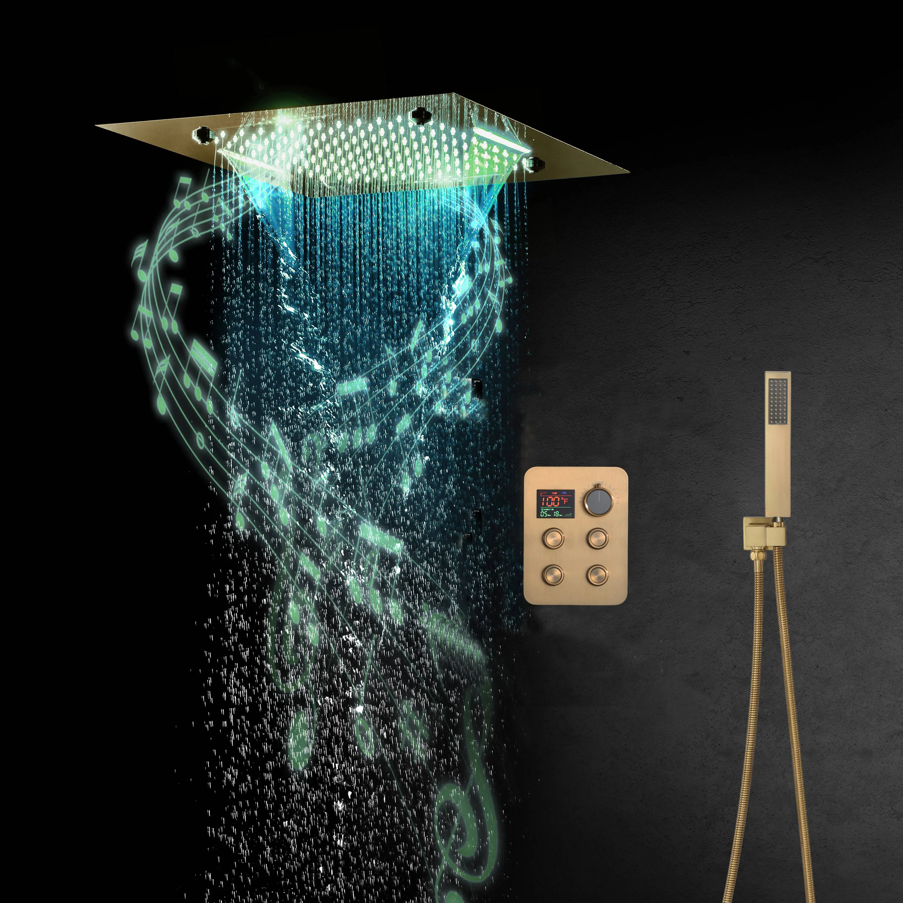 Brushed Gold 4-Way Thermostatic Shower System with 20-Inch LED Rainfall, Waterfall, and Mist Functions, Bluetooth Music and Touch Panel Control, Flush-Mounted Design - Image 3