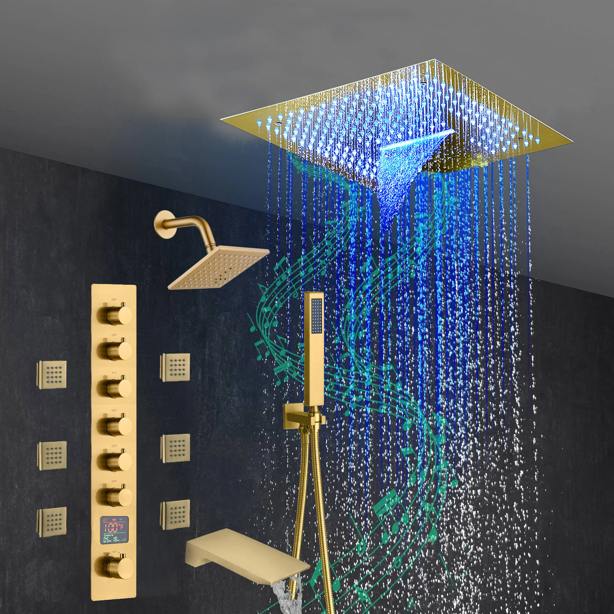 Brushed Gold 6-Way Thermostatic Shower Faucet: Flush Mount 16-Inch LED Light Shower Head with 64 Colors and Bluetooth Music,Tub Spout, 6 Jets - Image 10
