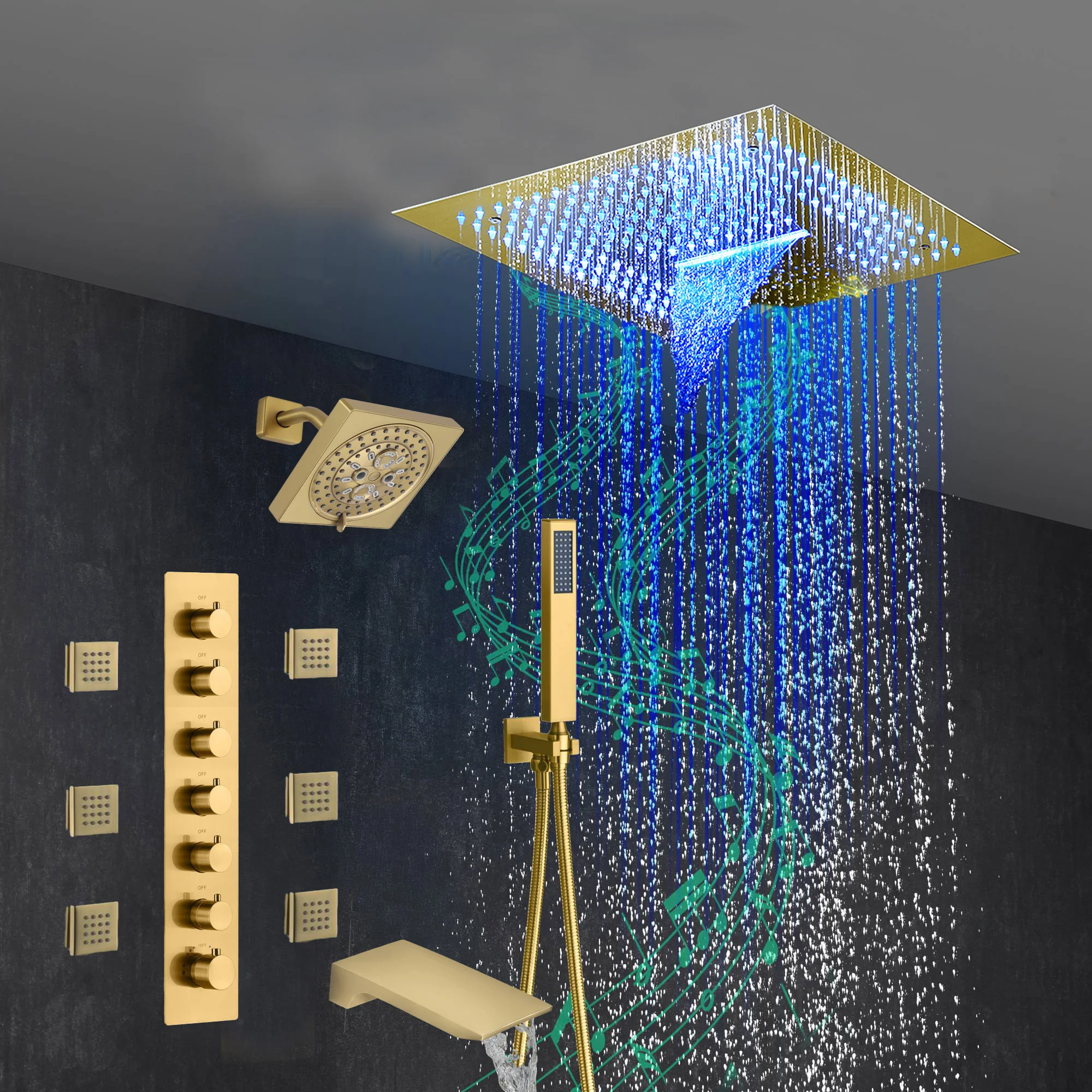 Brushed Gold 6-Way Thermostatic Shower Faucet: Flush Mount 16-Inch LED Light Shower Head with 64 Colors and Bluetooth Music,Tub Spout, 6 Jets - Image 11