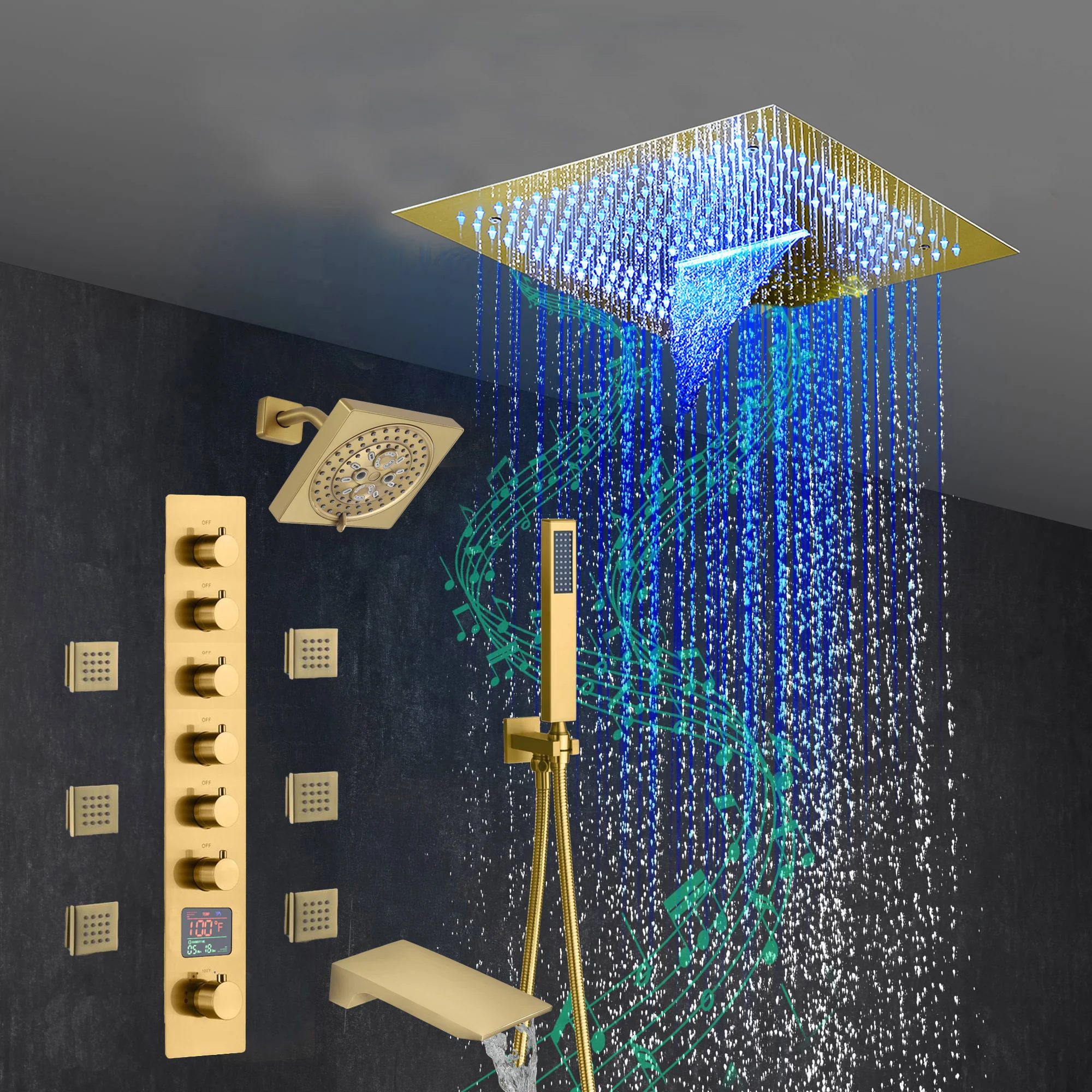 Brushed Gold 6-Way Thermostatic Shower Faucet: Flush Mount 16-Inch LED Light Shower Head with 64 Colors and Bluetooth Music,Tub Spout, 6 Jets - Image 12
