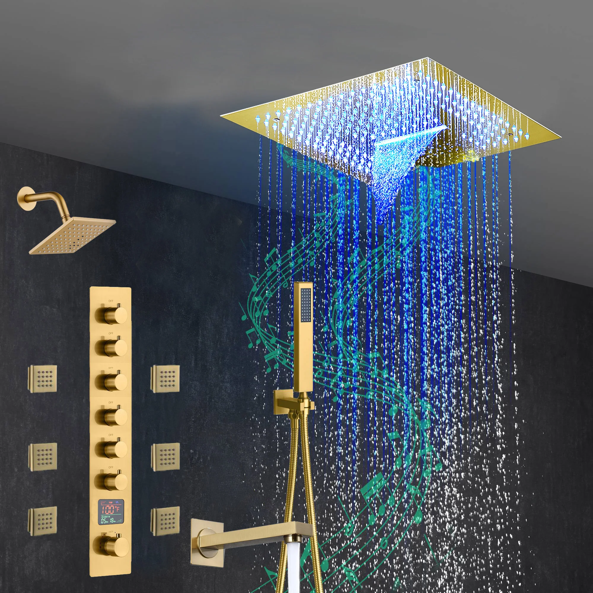 Brushed Gold 6-Way Thermostatic Shower Faucet: Flush Mount 16-Inch LED Light Shower Head with 64 Colors and Bluetooth Music,Tub Spout, 6 Jets - Image 2