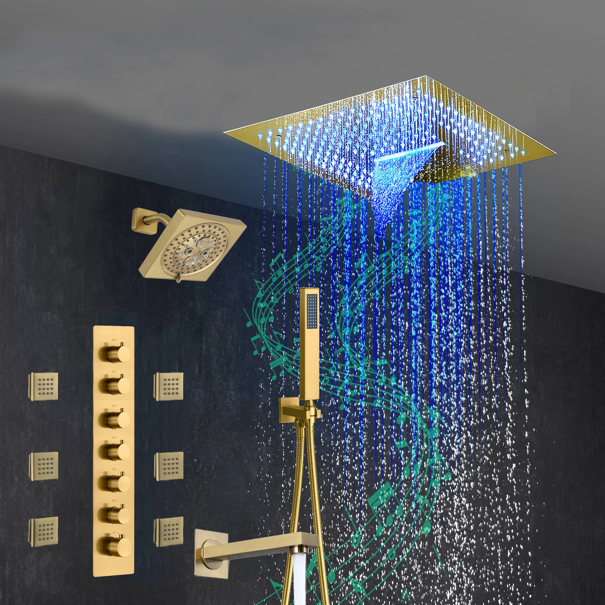 Brushed Gold 6-Way Thermostatic Shower Faucet: Flush Mount 16-Inch LED Light Shower Head with 64 Colors and Bluetooth Music,Tub Spout, 6 Jets - Image 3
