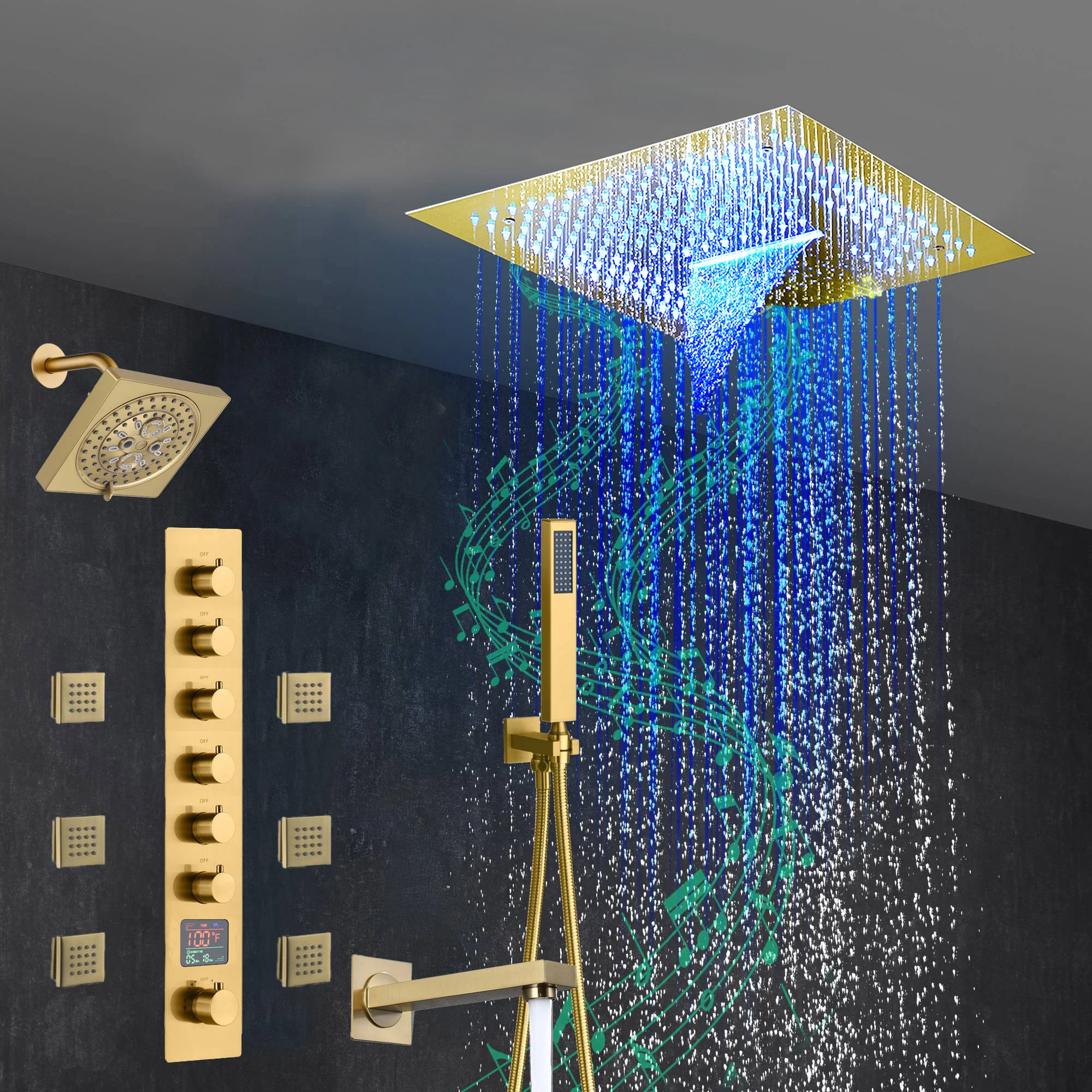 Brushed Gold 6-Way Thermostatic Shower Faucet: Flush Mount 16-Inch LED Light Shower Head with 64 Colors and Bluetooth Music,Tub Spout, 6 Jets - Image 4