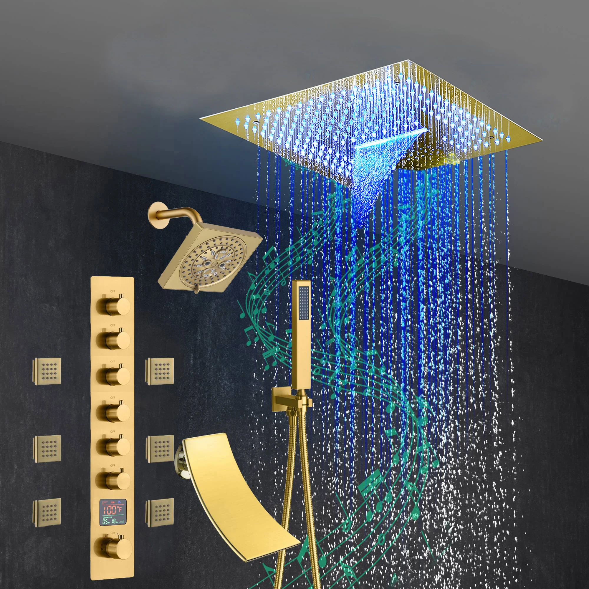 Brushed Gold 6-Way Thermostatic Shower Faucet: Flush Mount 16-Inch LED Light Shower Head with 64 Colors and Bluetooth Music,Tub Spout, 6 Jets - Image 5