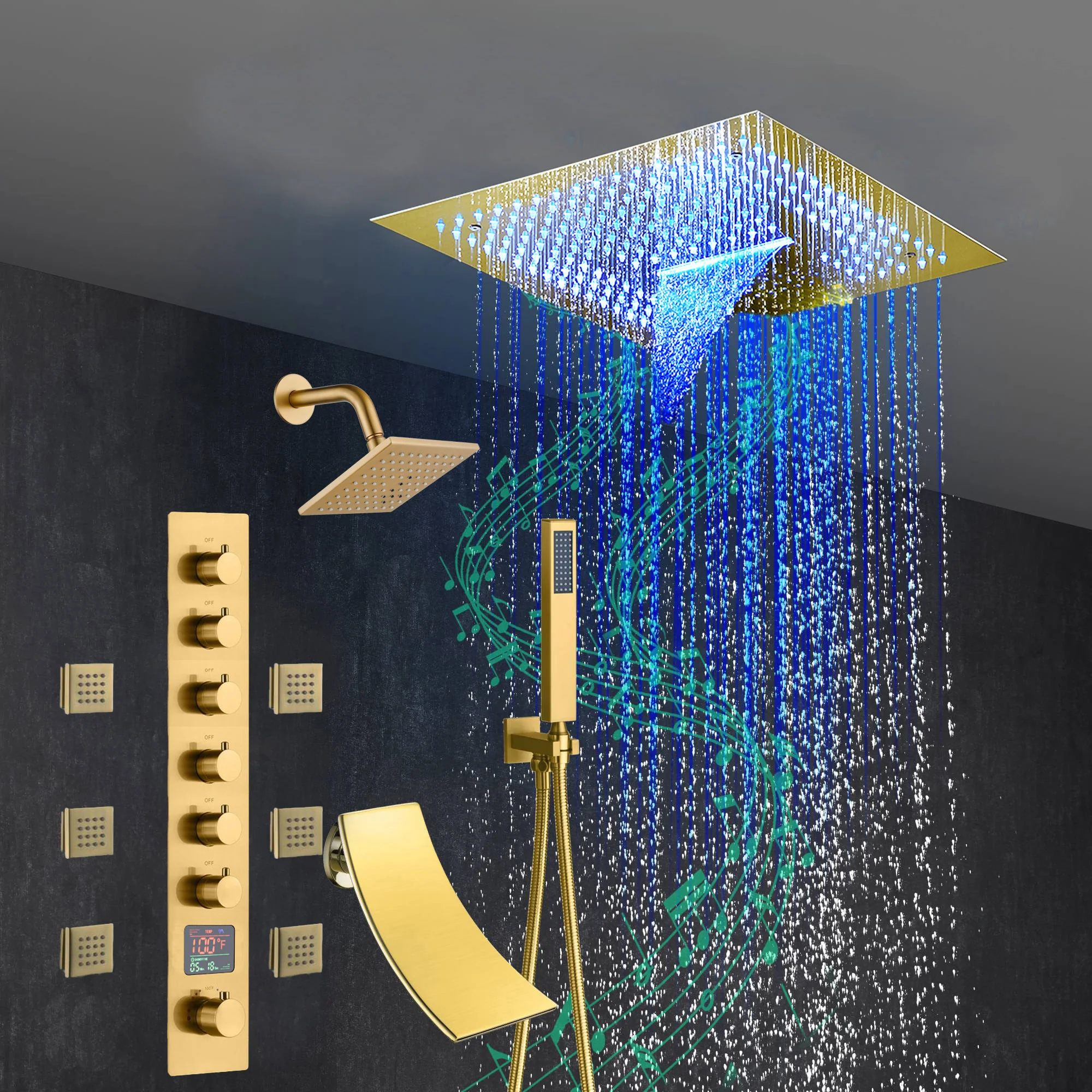 Brushed Gold 6-Way Thermostatic Shower Faucet: Flush Mount 16-Inch LED Light Shower Head with 64 Colors and Bluetooth Music,Tub Spout, 6 Jets - Image 6