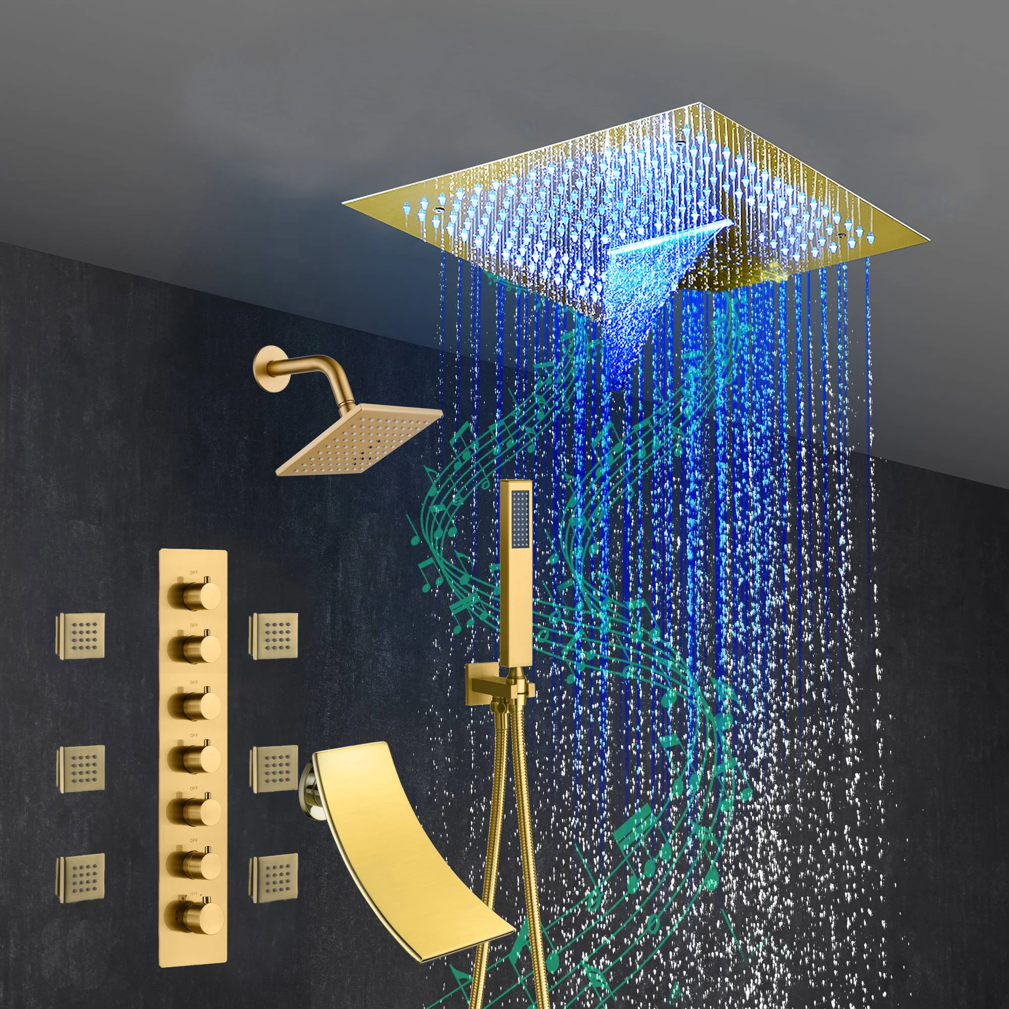 Brushed Gold 6-Way Thermostatic Shower Faucet: Flush Mount 16-Inch LED Light Shower Head with 64 Colors and Bluetooth Music,Tub Spout, 6 Jets - Image 7