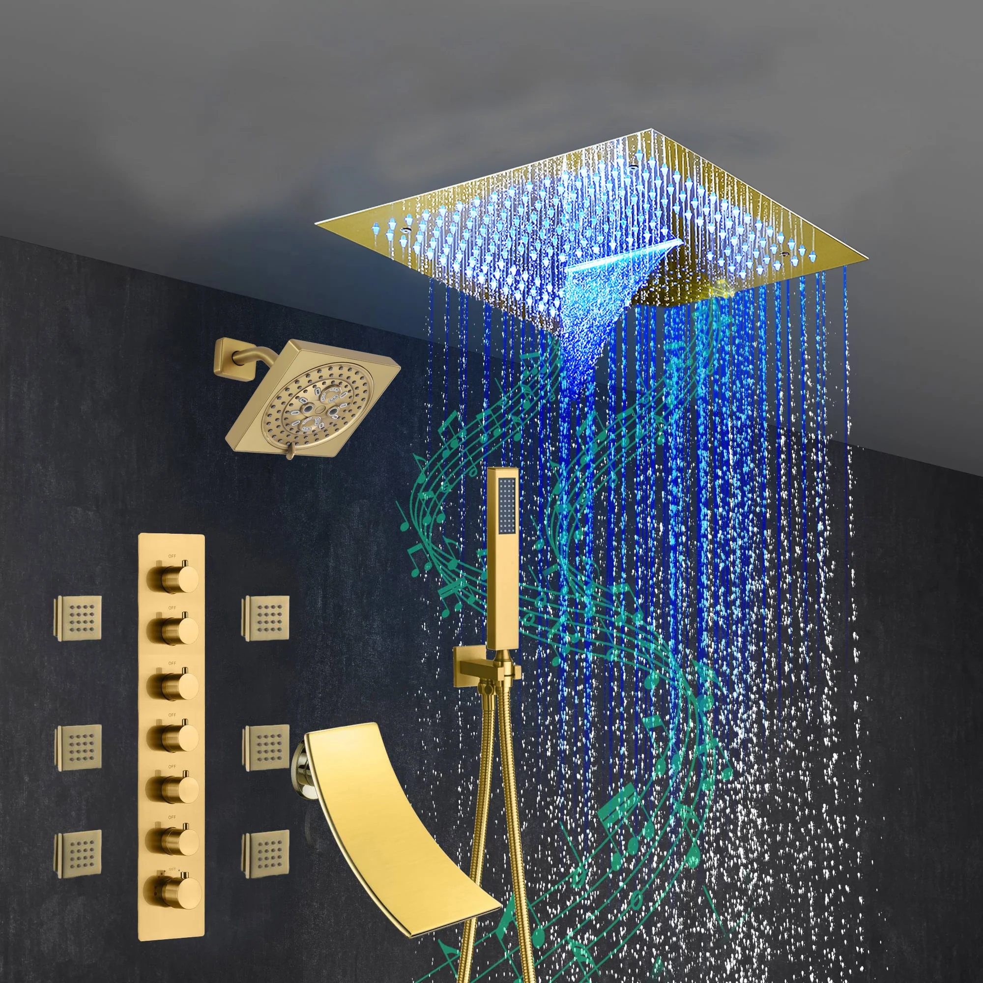 Brushed Gold 6-Way Thermostatic Shower Faucet: Flush Mount 16-Inch LED Light Shower Head with 64 Colors and Bluetooth Music,Tub Spout, 6 Jets - Image 8