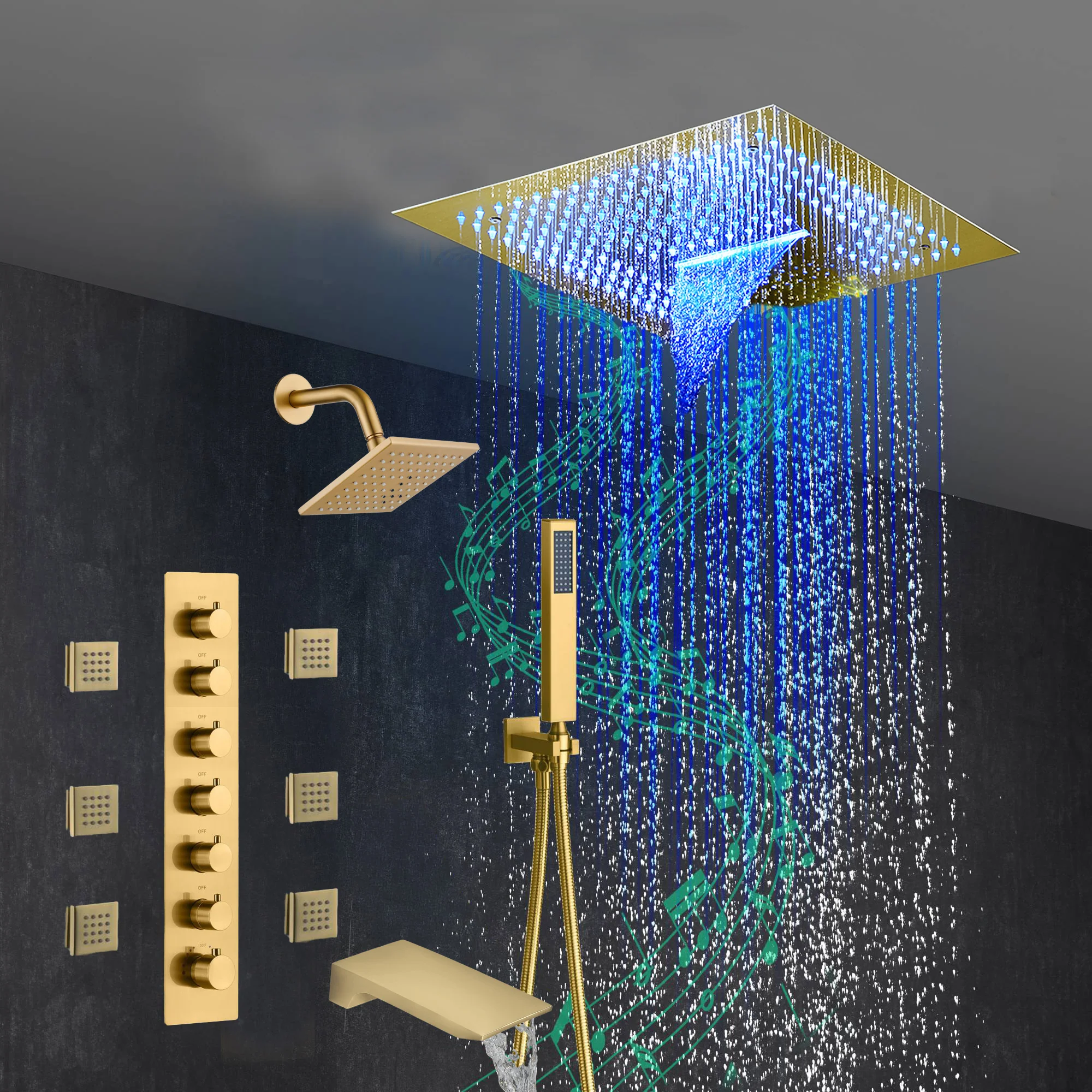 Brushed Gold 6-Way Thermostatic Shower Faucet: Flush Mount 16-Inch LED Light Shower Head with 64 Colors and Bluetooth Music,Tub Spout, 6 Jets - Image 9