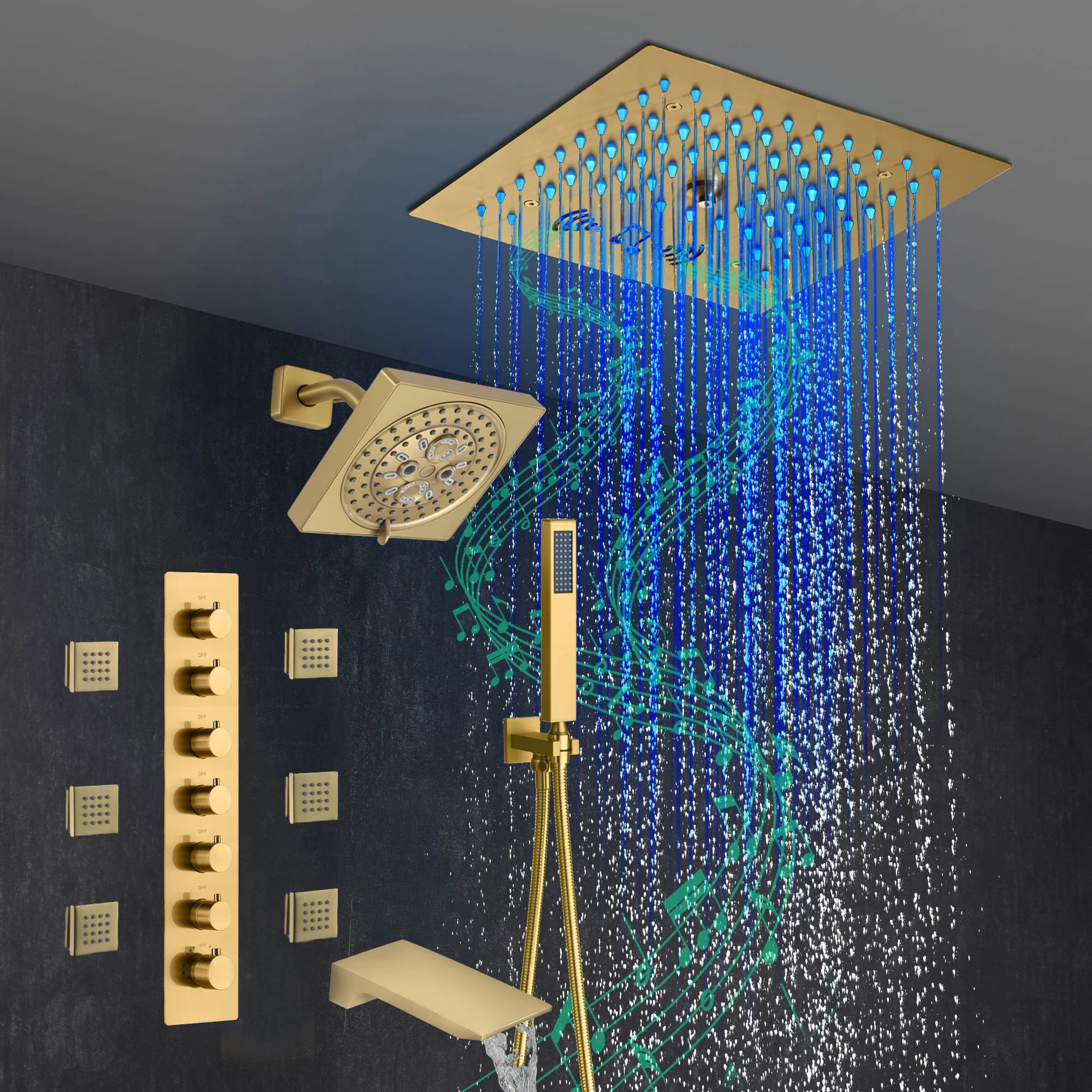 Brushed Gold 6-Way Thermostatic Shower Faucet: Flush Mount 12-Inch LED Light Shower Head with 64 Colors and Bluetooth Music,Tub Spout, 6 Jets - Image 10