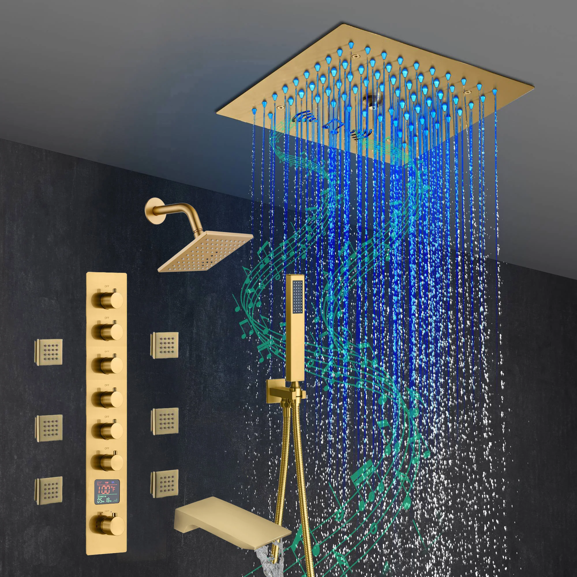 Brushed Gold 6-Way Thermostatic Shower Faucet: Flush Mount 12-Inch LED Light Shower Head with 64 Colors and Bluetooth Music,Tub Spout, 6 Jets - Image 11