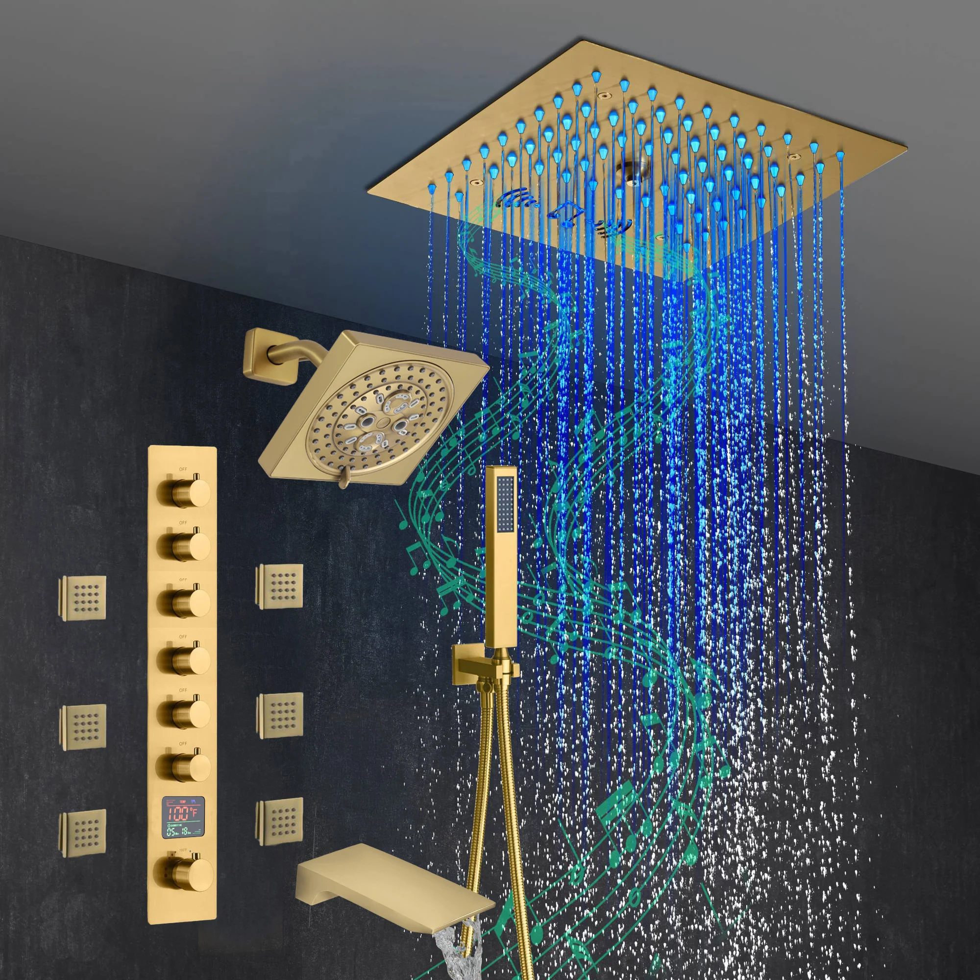 Brushed Gold 6-Way Thermostatic Shower Faucet: Flush Mount 12-Inch LED Light Shower Head with 64 Colors and Bluetooth Music,Tub Spout, 6 Jets - Image 12