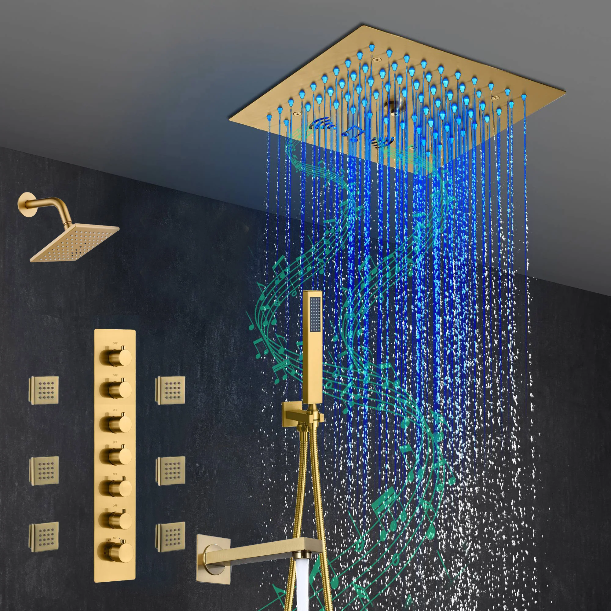 Brushed Gold 6-Way Thermostatic Shower Faucet: Flush Mount 12-Inch LED Light Shower Head with 64 Colors and Bluetooth Music,Tub Spout, 6 Jets - Image 2