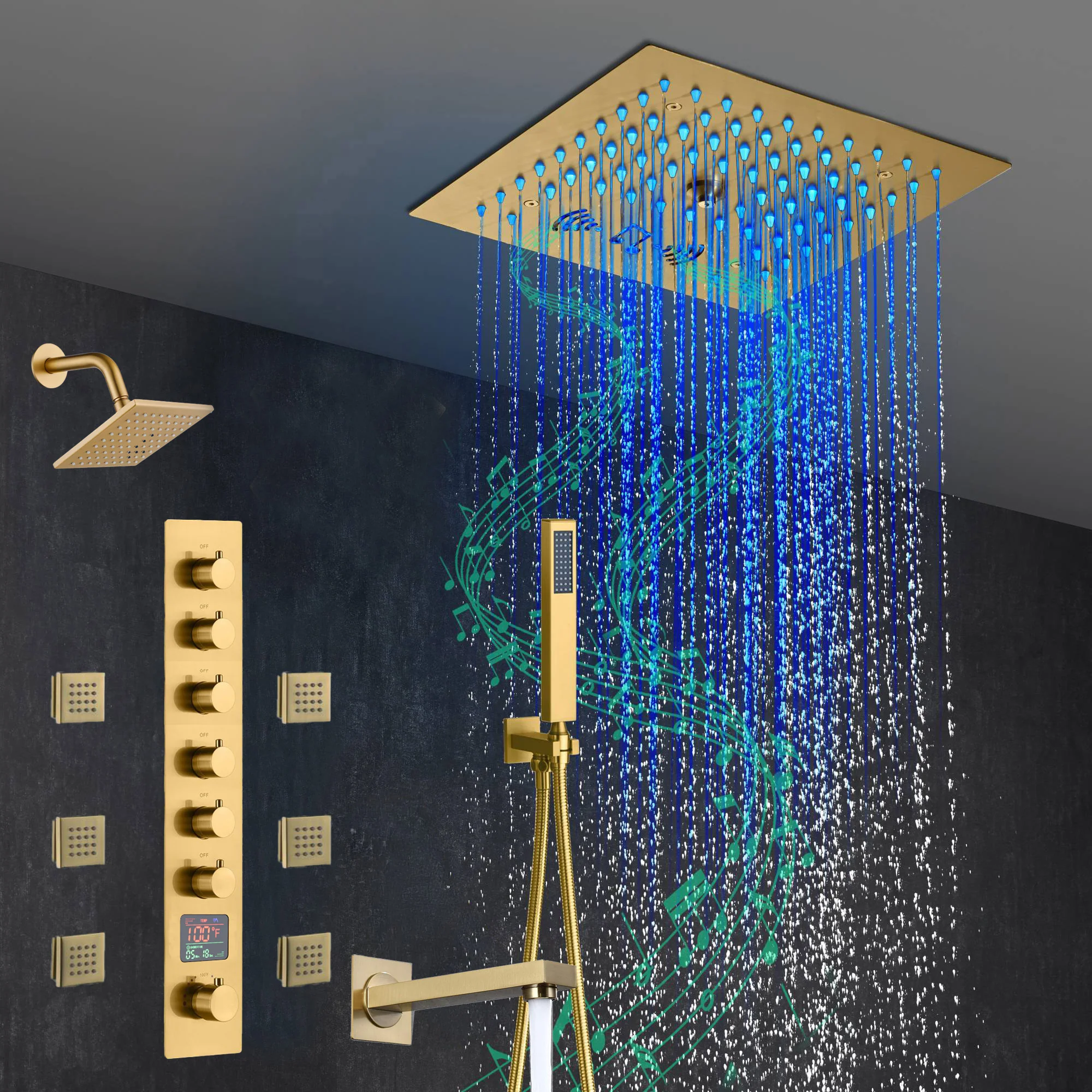 Brushed Gold 6-Way Thermostatic Shower Faucet: Flush Mount 12-Inch LED Light Shower Head with 64 Colors and Bluetooth Music,Tub Spout, 6 Jets - Image 3