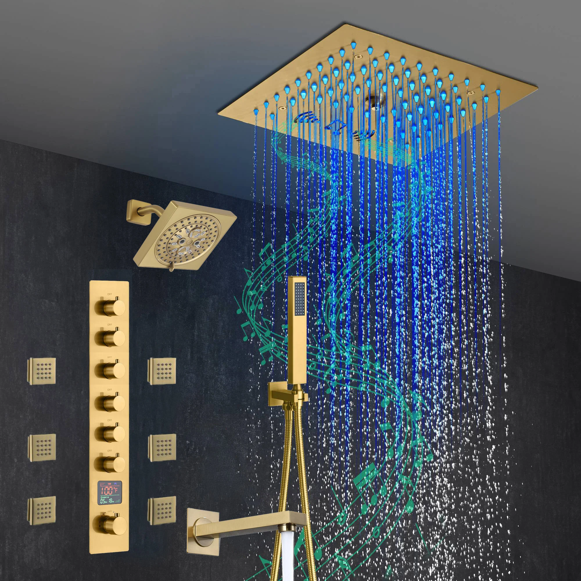 Brushed Gold 6-Way Thermostatic Shower Faucet: Flush Mount 12-Inch LED Light Shower Head with 64 Colors and Bluetooth Music,Tub Spout, 6 Jets - Image 4