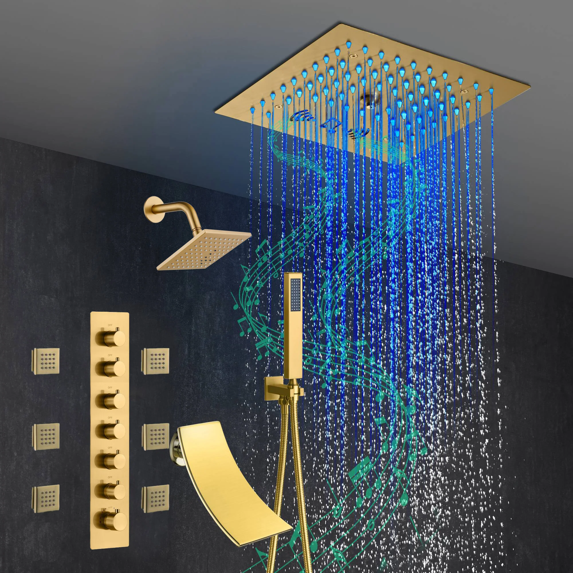Brushed Gold 6-Way Thermostatic Shower Faucet: Flush Mount 12-Inch LED Light Shower Head with 64 Colors and Bluetooth Music,Tub Spout, 6 Jets - Image 5