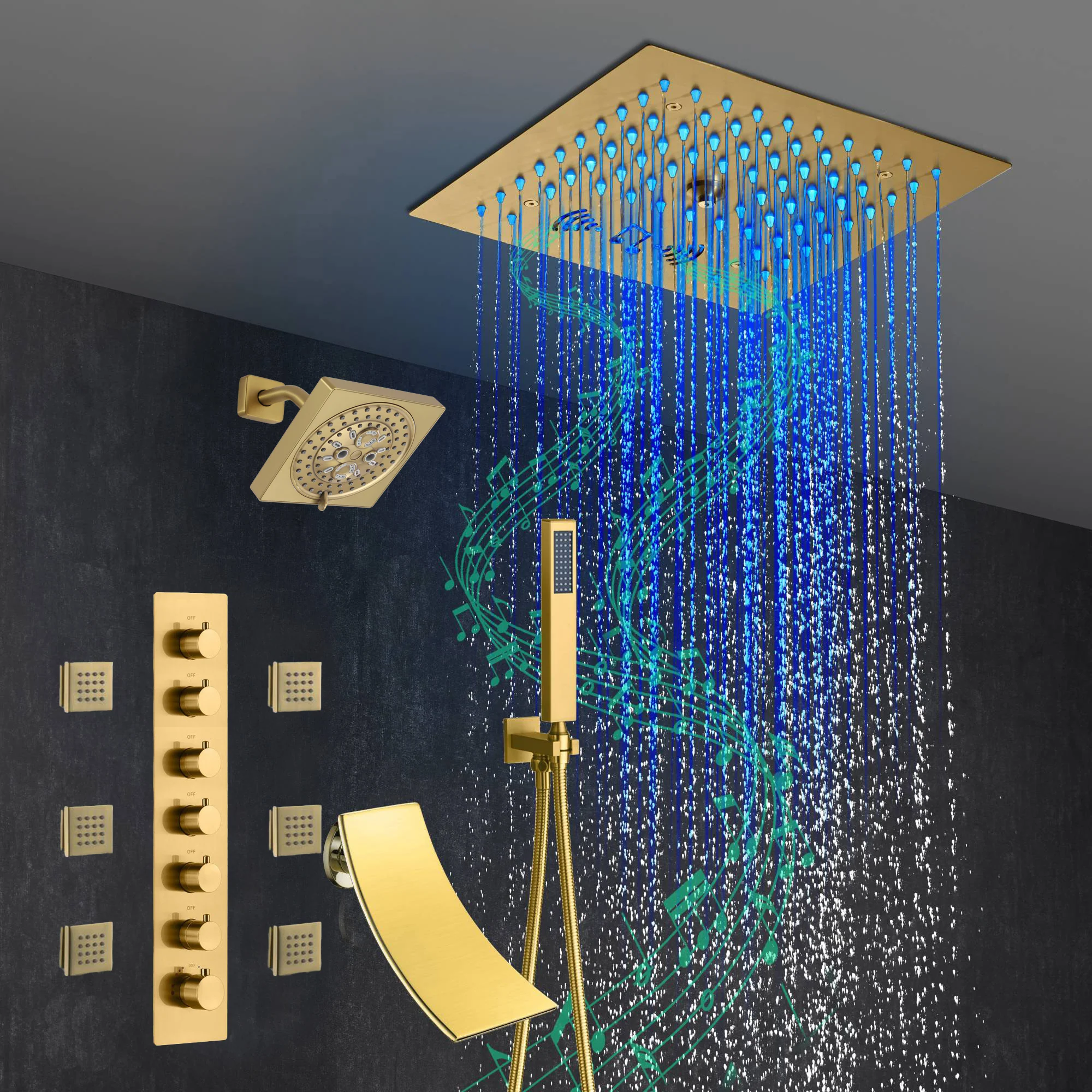 Brushed Gold 6-Way Thermostatic Shower Faucet: Flush Mount 12-Inch LED Light Shower Head with 64 Colors and Bluetooth Music,Tub Spout, 6 Jets - Image 6