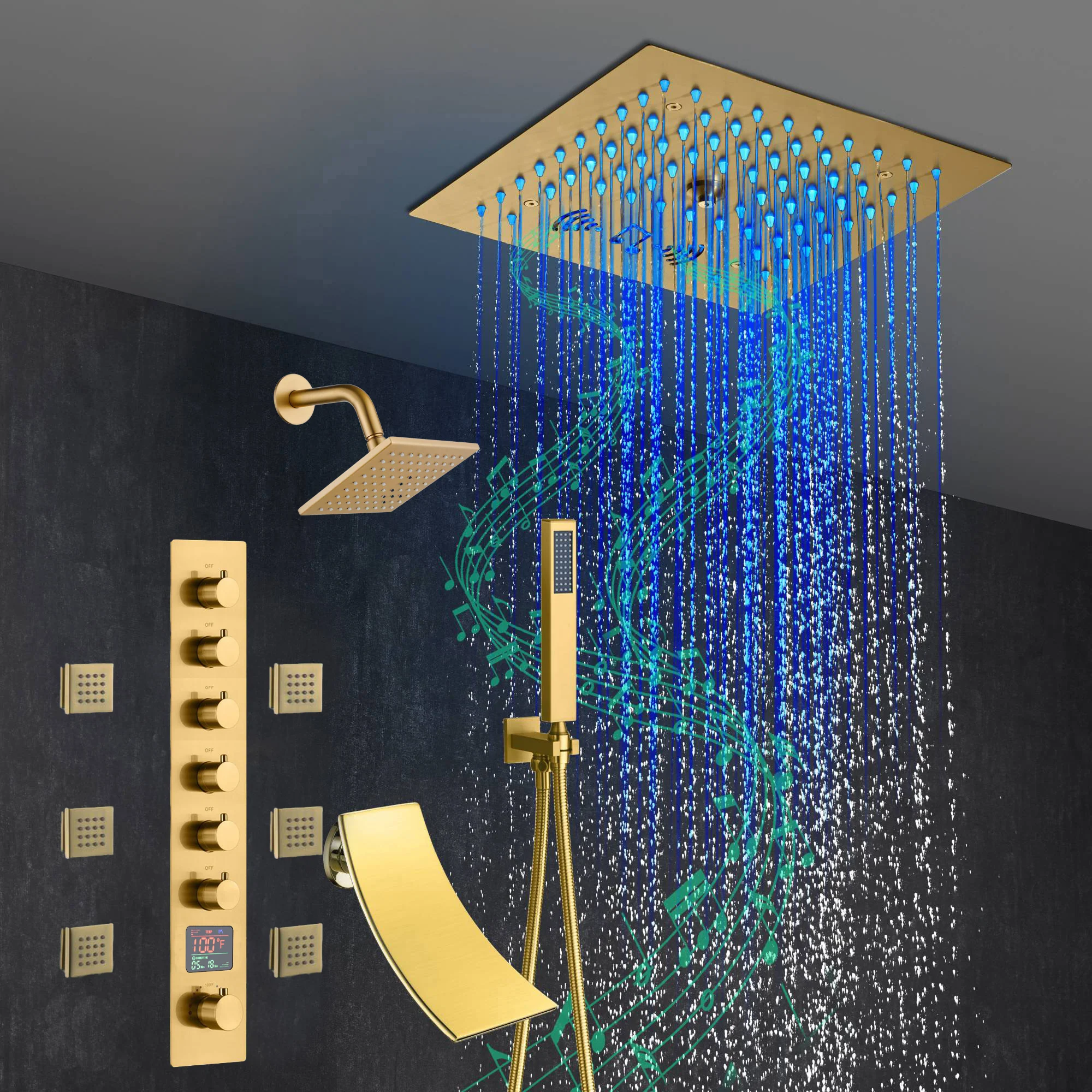 Brushed Gold 6-Way Thermostatic Shower Faucet: Flush Mount 12-Inch LED Light Shower Head with 64 Colors and Bluetooth Music,Tub Spout, 6 Jets - Image 7