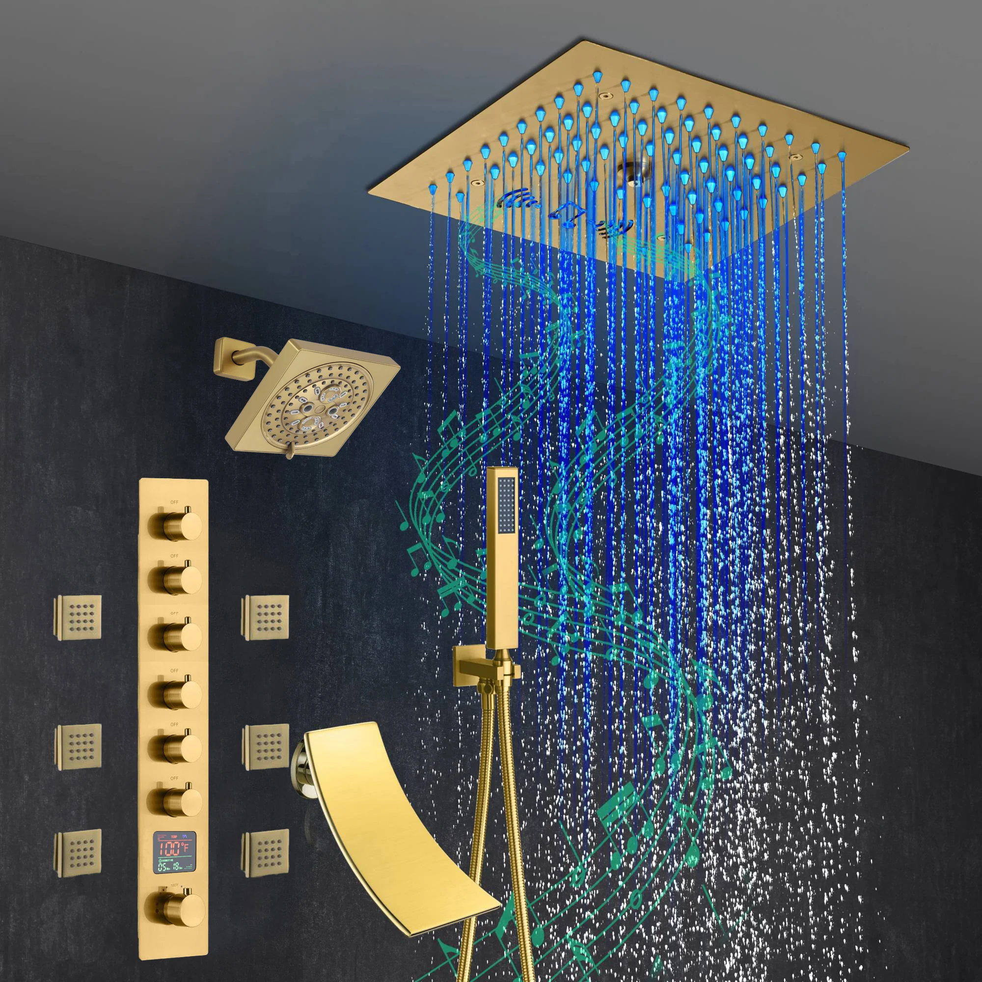 Brushed Gold 6-Way Thermostatic Shower Faucet: Flush Mount 12-Inch LED Light Shower Head with 64 Colors and Bluetooth Music,Tub Spout, 6 Jets - Image 8