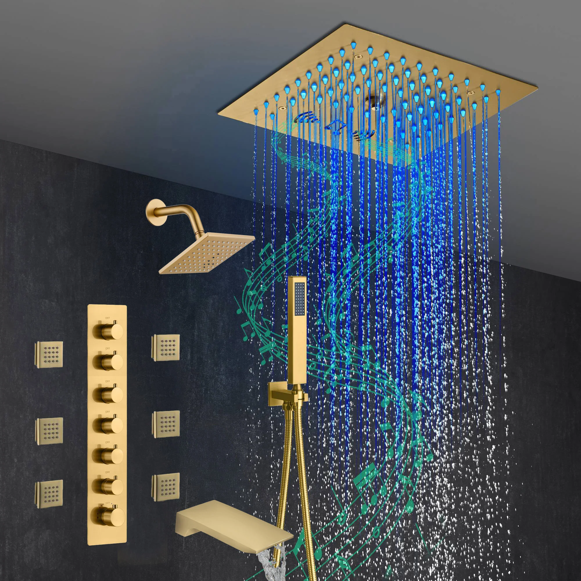 Brushed Gold 6-Way Thermostatic Shower Faucet: Flush Mount 12-Inch LED Light Shower Head with 64 Colors and Bluetooth Music,Tub Spout, 6 Jets - Image 9