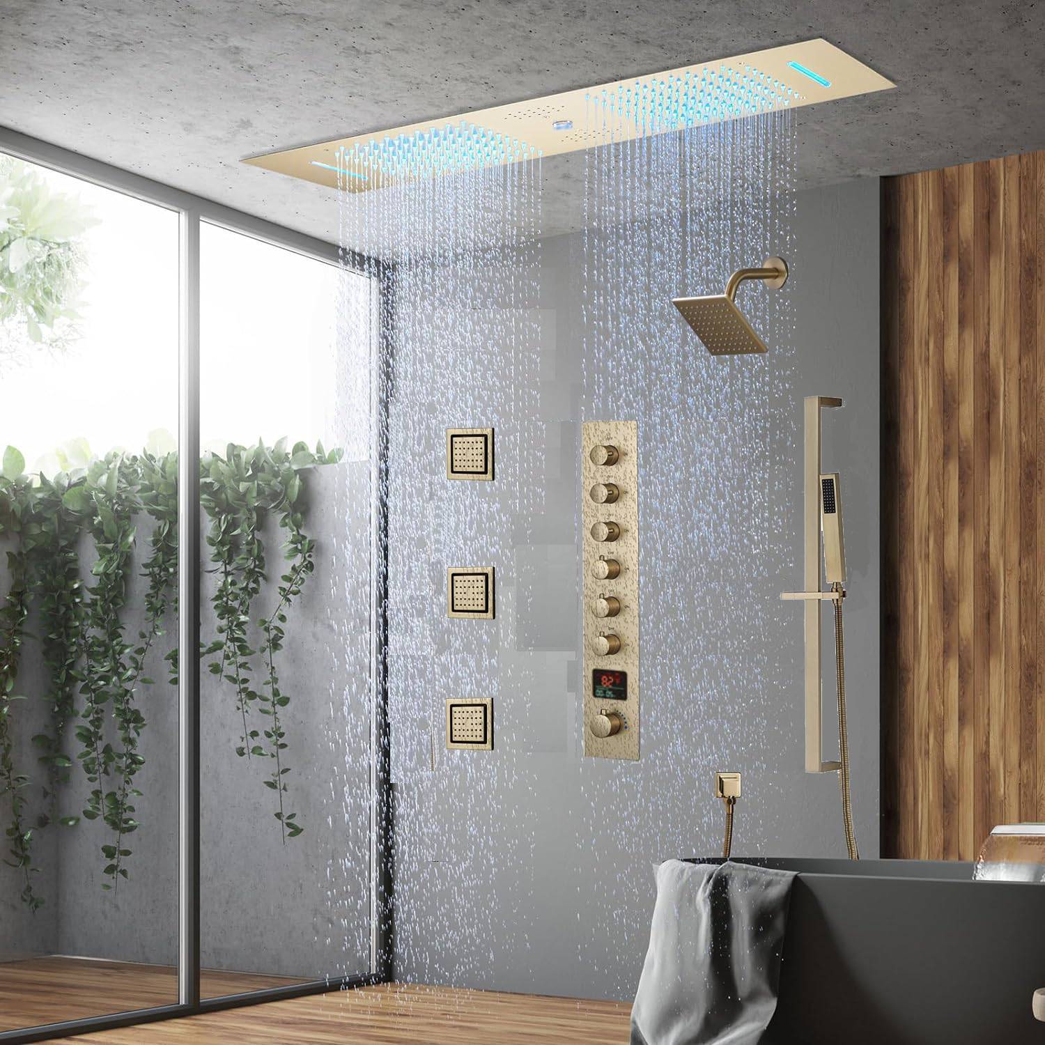 Brushed Gold 35" Bluetooth Music LED Shower System with Waterfall, 6-Way Digital Thermostatic Valve, 3 Body Jets, Touch Panel - Image 3