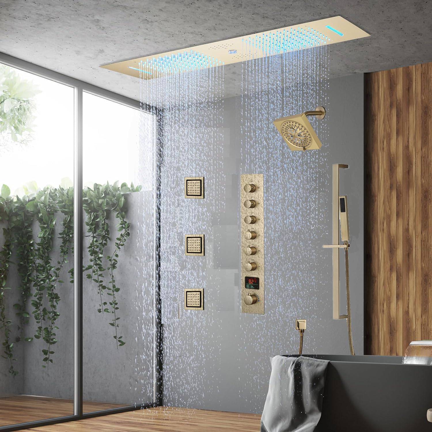 Brushed Gold 35" Bluetooth Music LED Shower System with Waterfall, 6-Way Digital Thermostatic Valve, 3 Body Jets, Touch Panel - Image 4