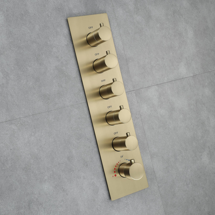 Brushed Gold 35" Bluetooth Music LED Shower System with Waterfall, 5-Way Digital Thermostatic Valve, 3 Body Jets, Touch Panel - Image 22