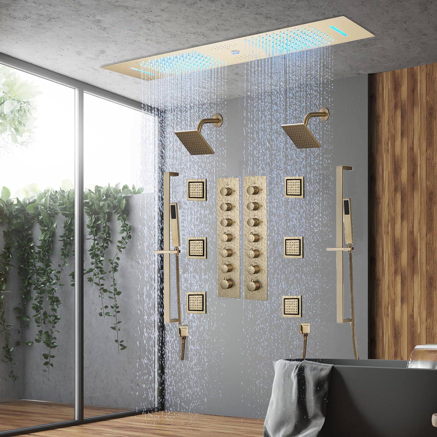Brushed Gold 35" Bluetooth Music LED Shower System with Waterfall, 5-Way Digital Thermostatic Valve, 3 Body Jets, Touch Panel - Image 23