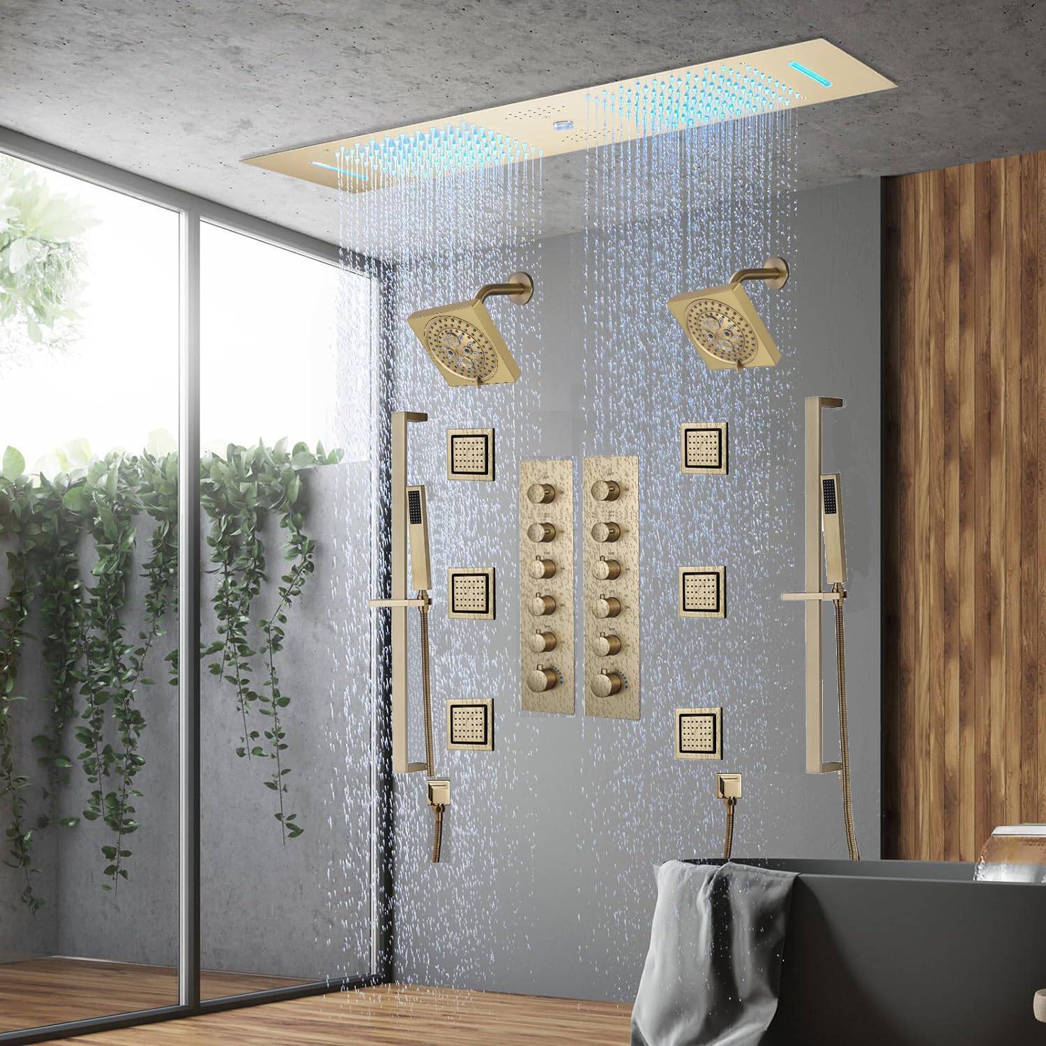Brushed Gold 35" Bluetooth Music LED Shower System with Waterfall, 5-Way Digital Thermostatic Valve, 3 Body Jets, Touch Panel - Image 3