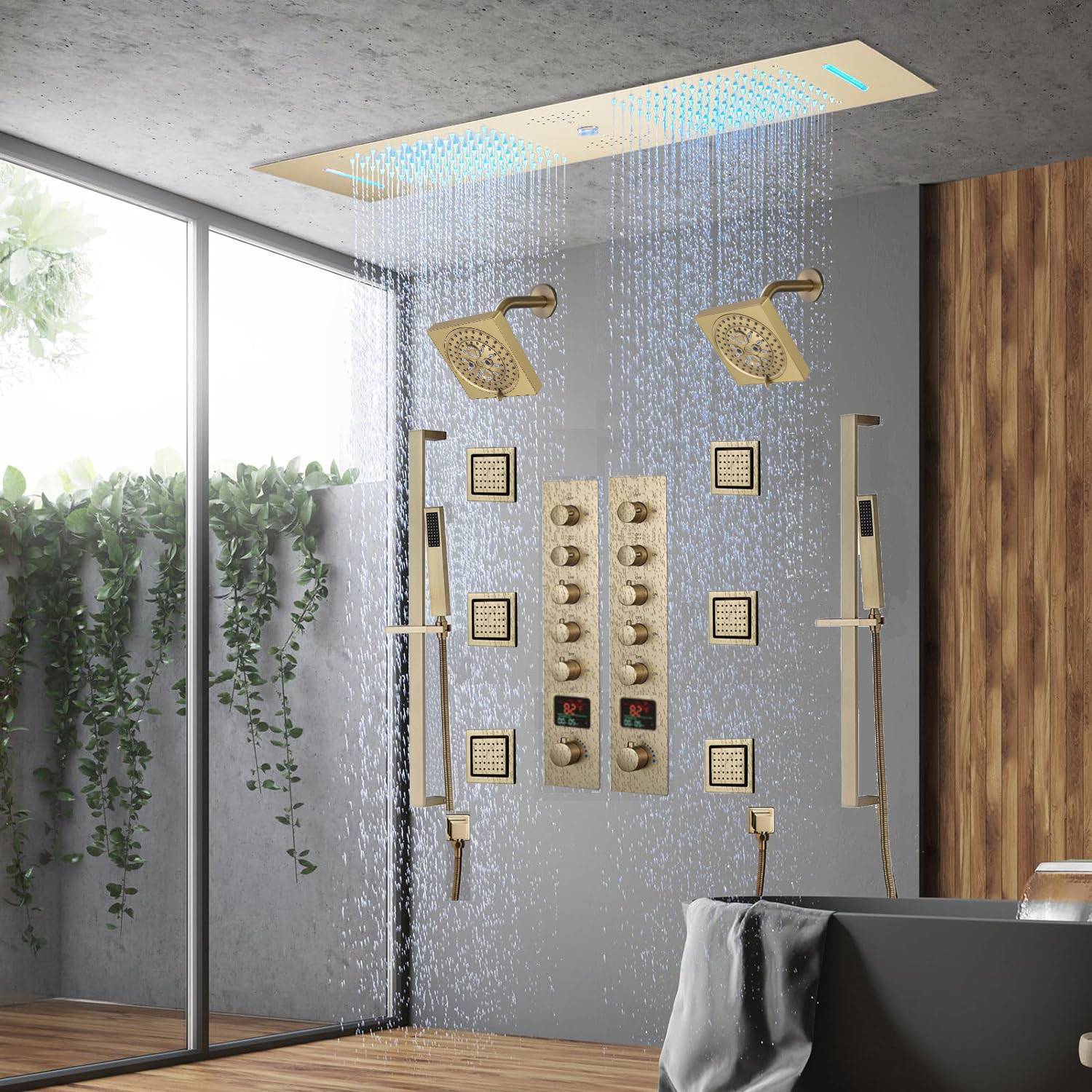 Brushed Gold 35" Bluetooth Music LED Shower System with Waterfall, 5-Way Digital Thermostatic Valve, 3 Body Jets, Touch Panel - Image 4