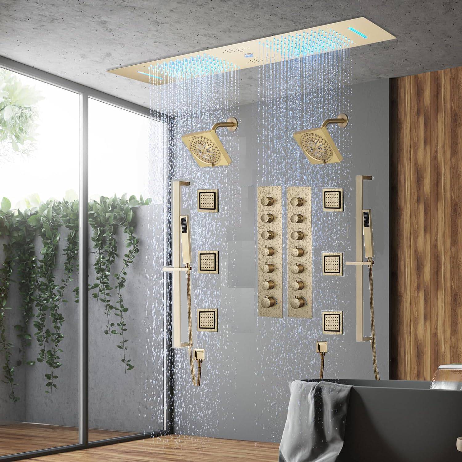 Brushed Gold 35" Bluetooth Music LED Shower System with Waterfall, 6-Way Digital Thermostatic Valve, 6 Body Jets, Regular Heads - Image 2
