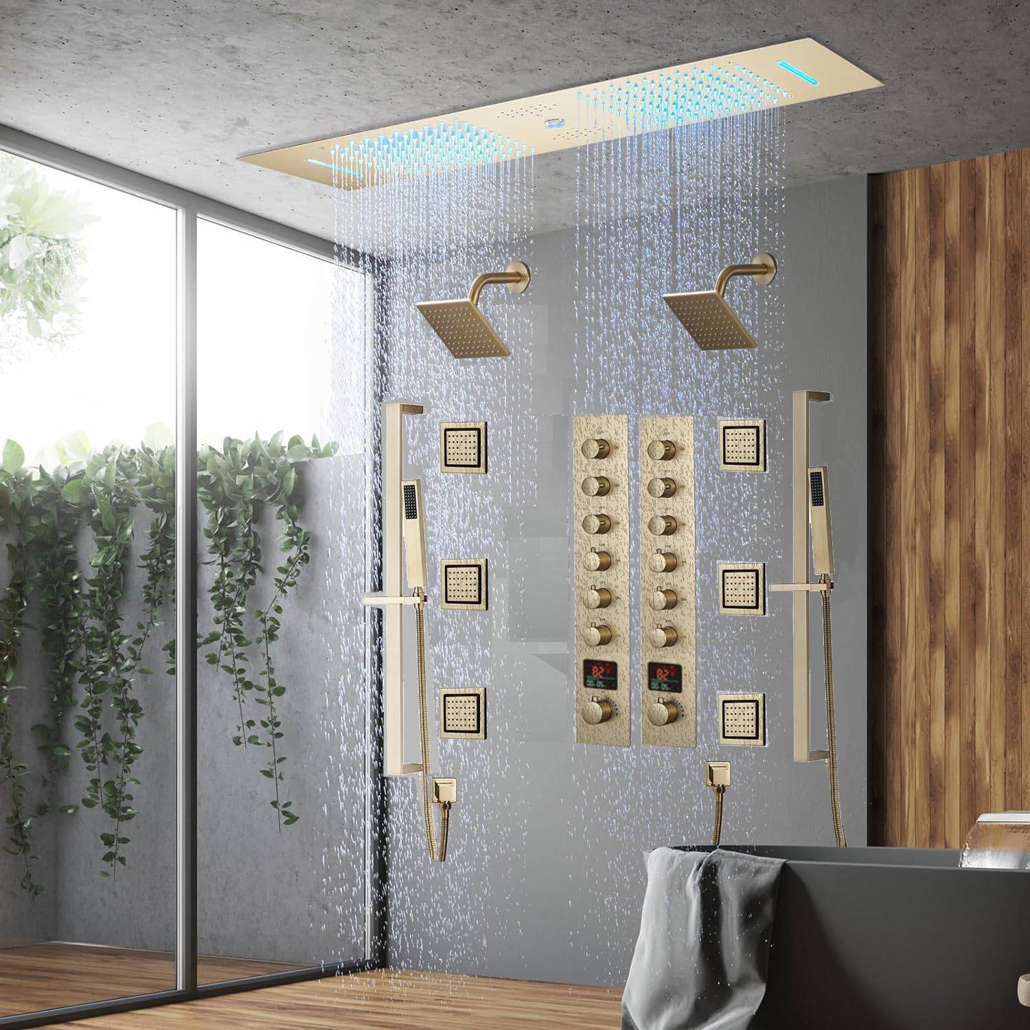 Brushed Gold 35" Bluetooth Music LED Shower System with Waterfall, 6-Way Digital Thermostatic Valve, 6 Body Jets, Regular Heads - Image 3