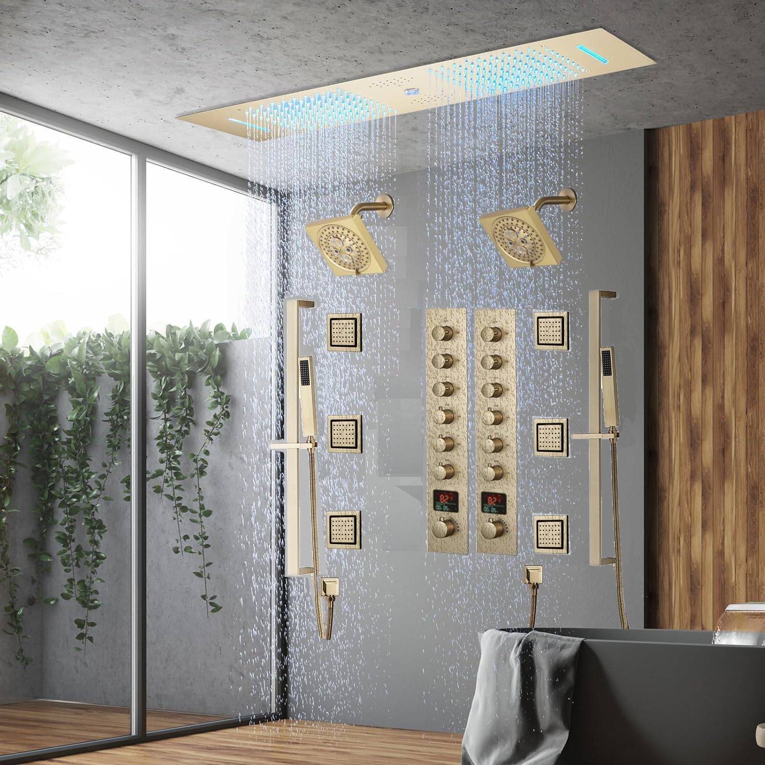 Brushed Gold 35" Bluetooth Music LED Shower System with Waterfall, 6-Way Digital Thermostatic Valve, 6 Body Jets, Regular Heads - Image 4