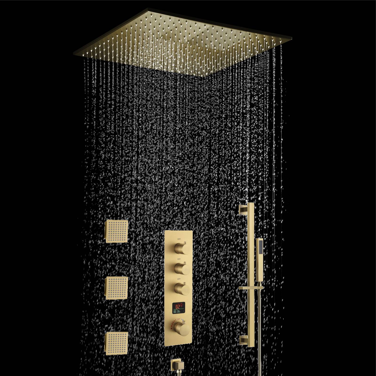 Brushed gold ceiling mount 12 inch or 16 inch or 20 inch rain head 3 way digital display thermostatic shower faucet with large body sprayers - Image 2
