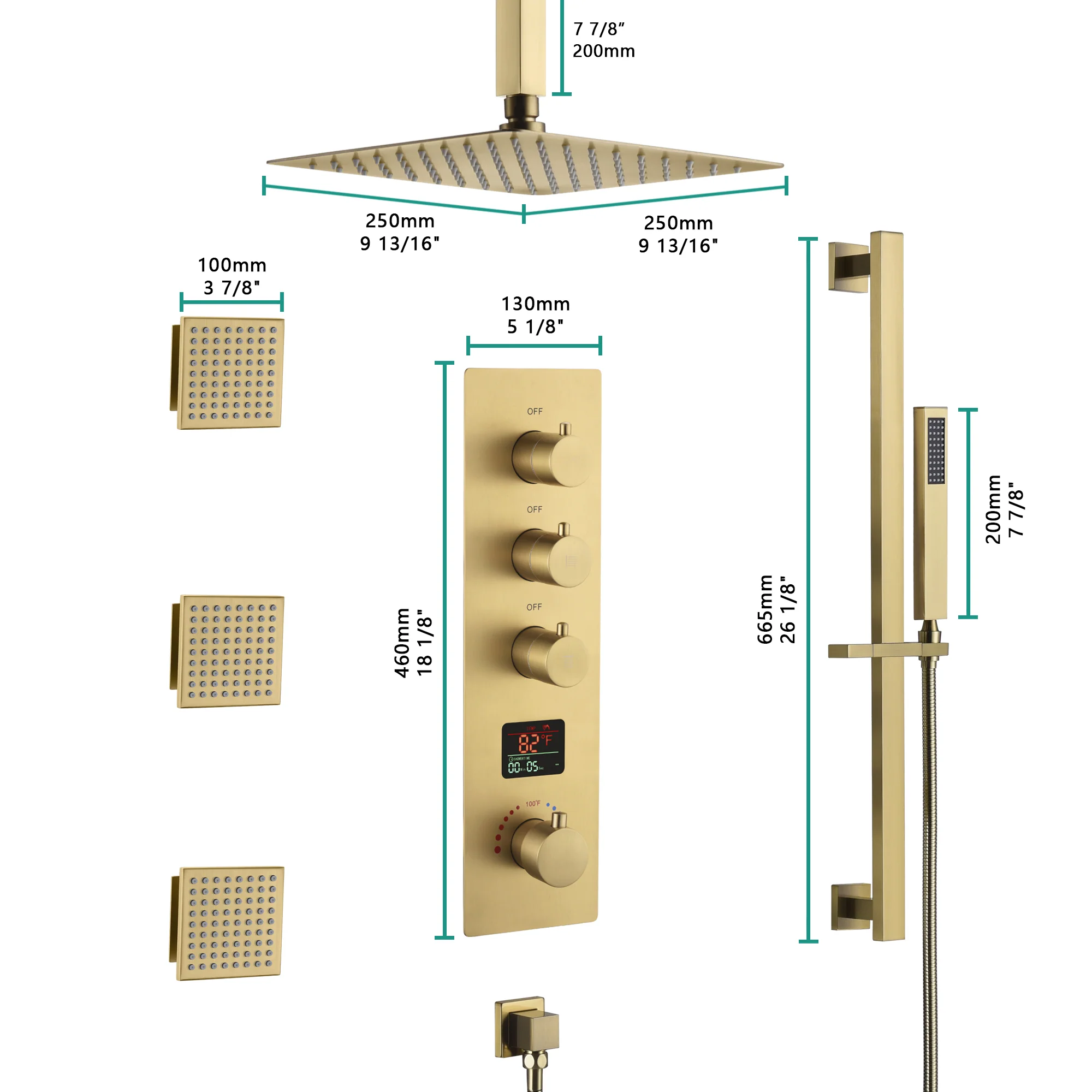 Brushed gold ceiling mount 12 inch or 16 inch or 20 inch rain head 3 way digital display thermostatic shower faucet with large body sprayers - Image 3