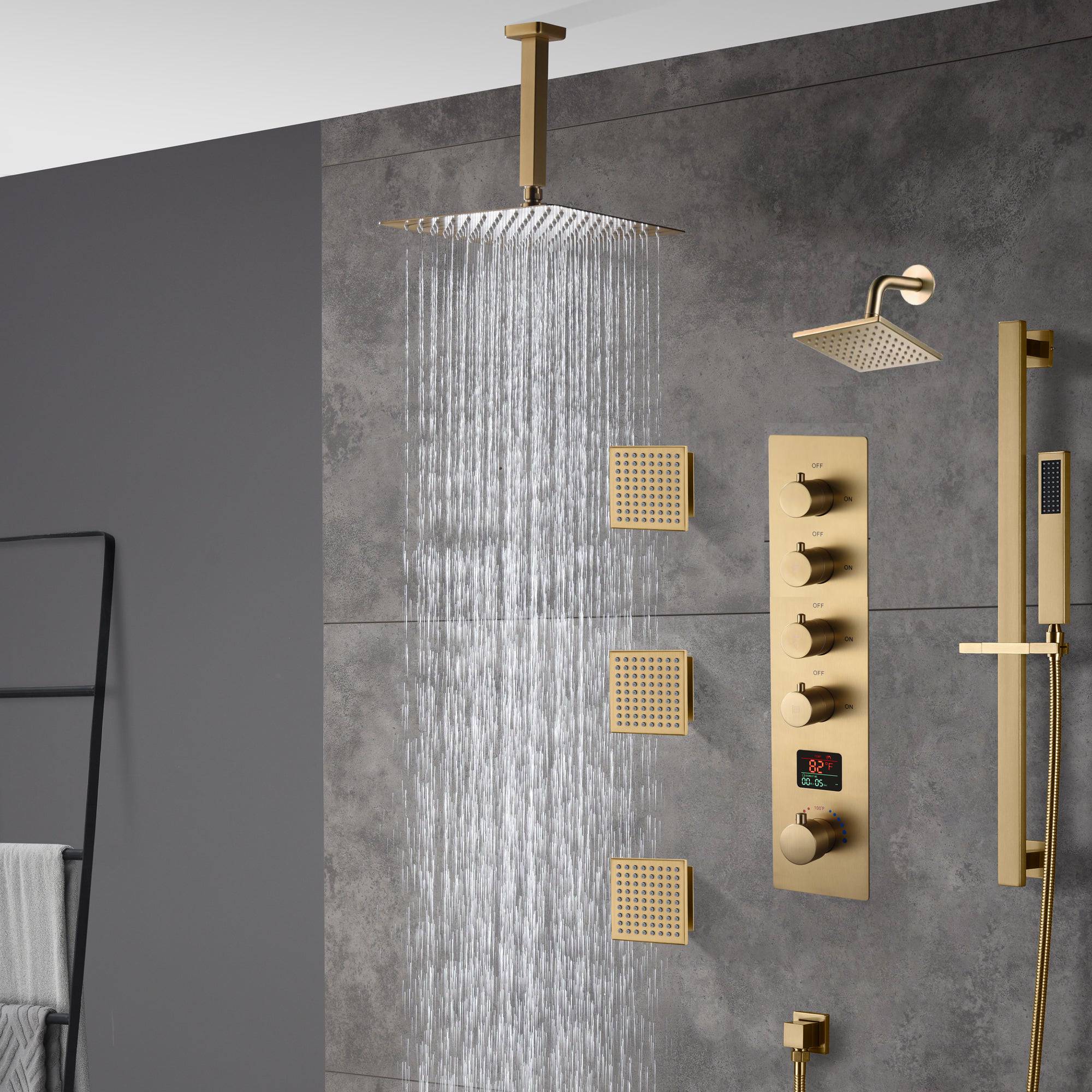 Brushed gold ceiling mount 12 inch or 16 inch rain head 4 way digital display thermostatic shower faucet with Regular head and large body sprayers