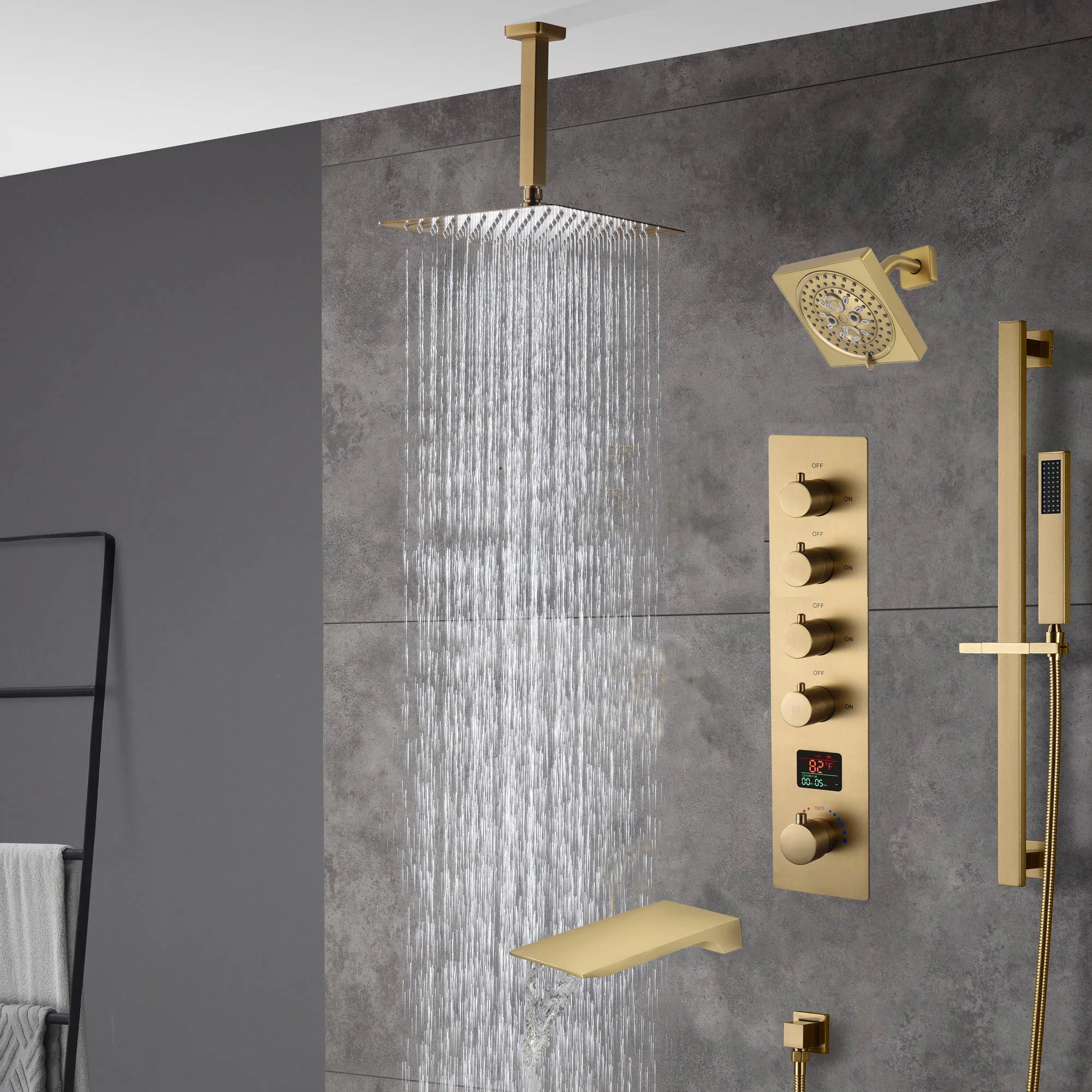 Brushed gold 12 inch or 16 inch rain head 4 way digital display thermostatic shower faucet with Regular head and Tub Spout