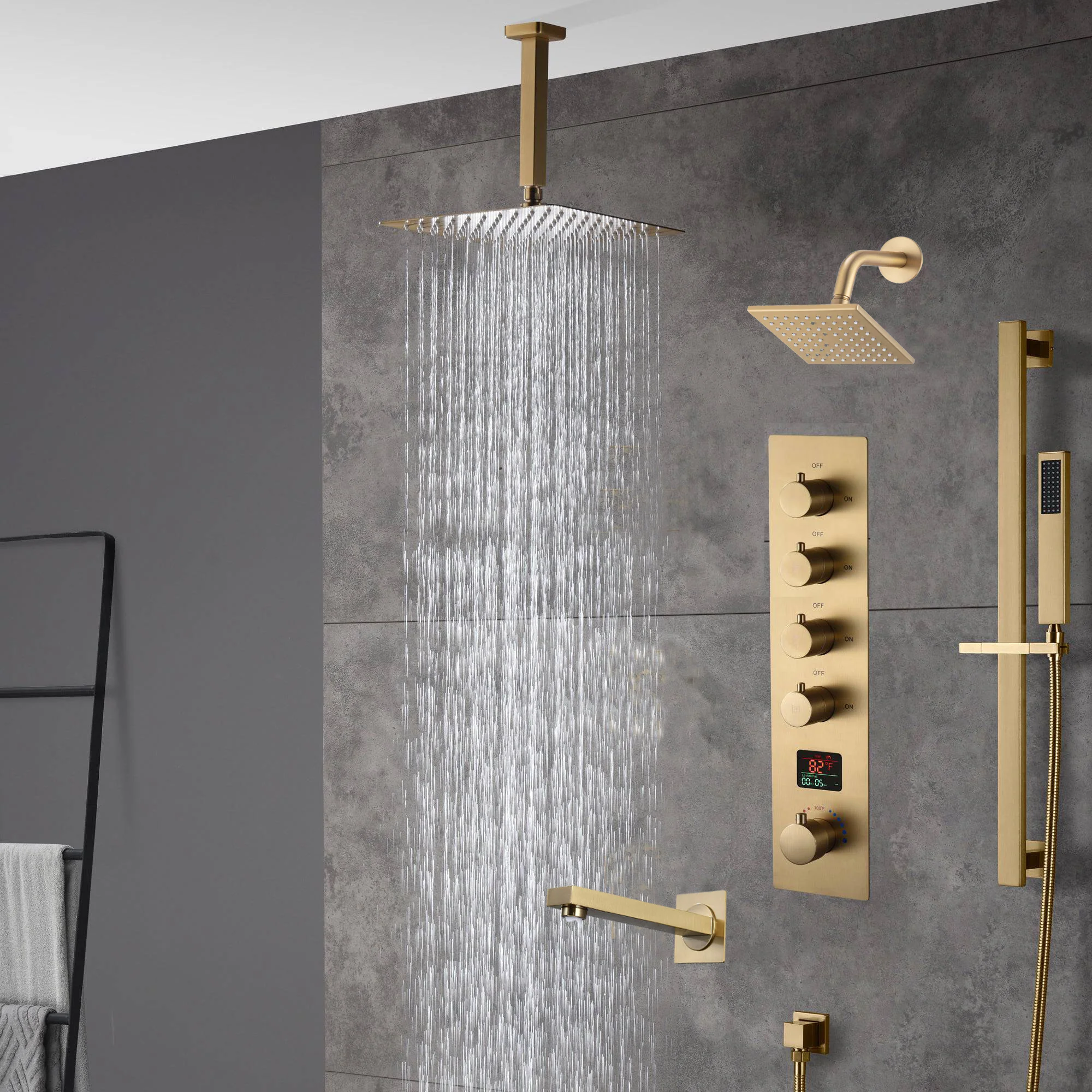 Brushed gold 12 inch or 16 inch rain head 4 way digital display thermostatic shower faucet with Regular head and Tub Spout - Image 2