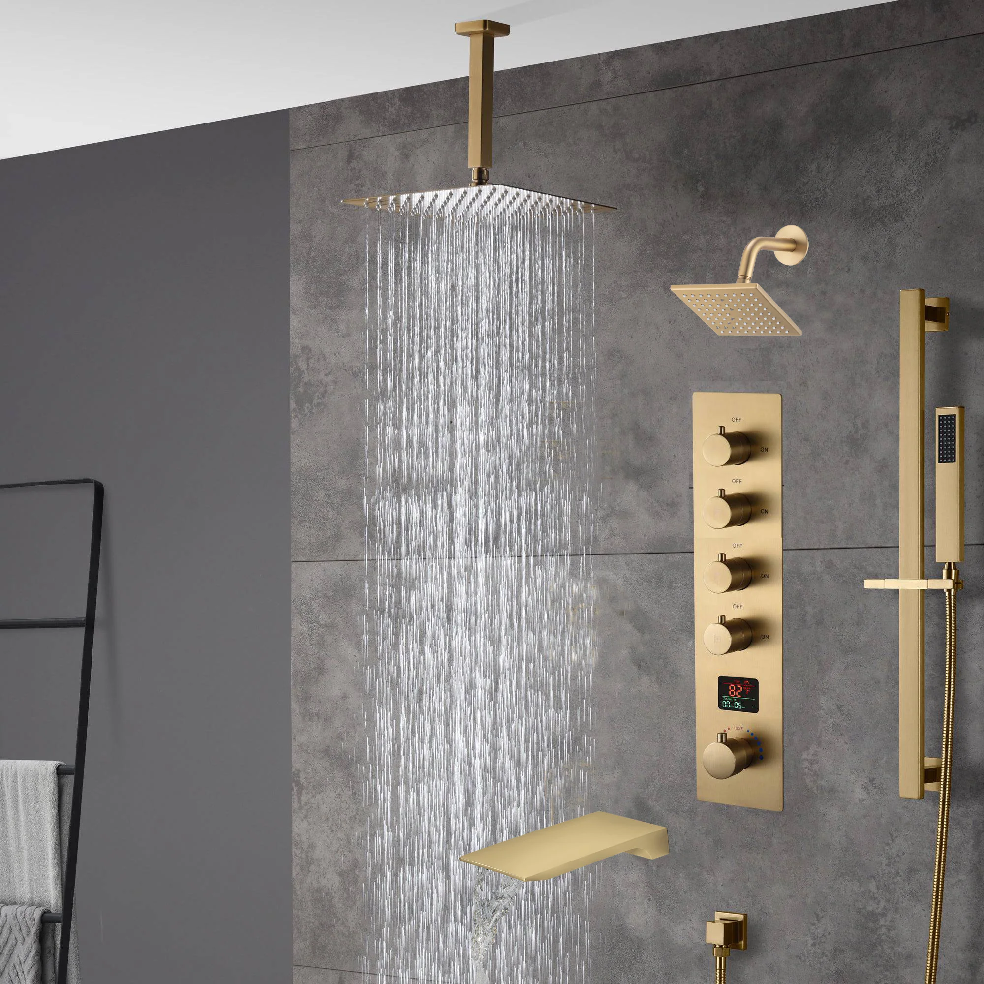 Brushed gold 12 inch or 16 inch rain head 4 way digital display thermostatic shower faucet with Regular head and Tub Spout - Image 3