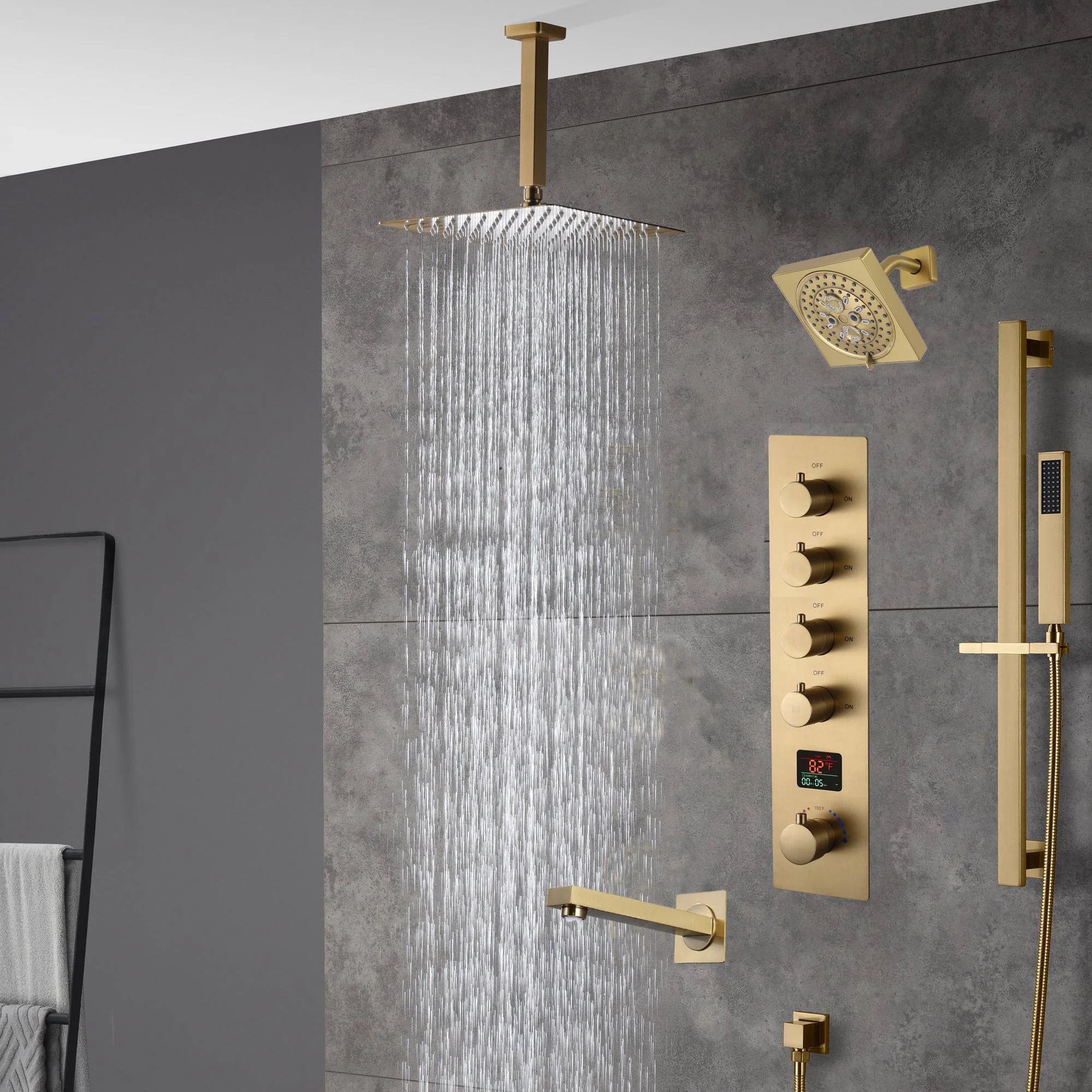 Brushed gold 12 inch or 16 inch rain head 4 way digital display thermostatic shower faucet with Regular head and Tub Spout - Image 4