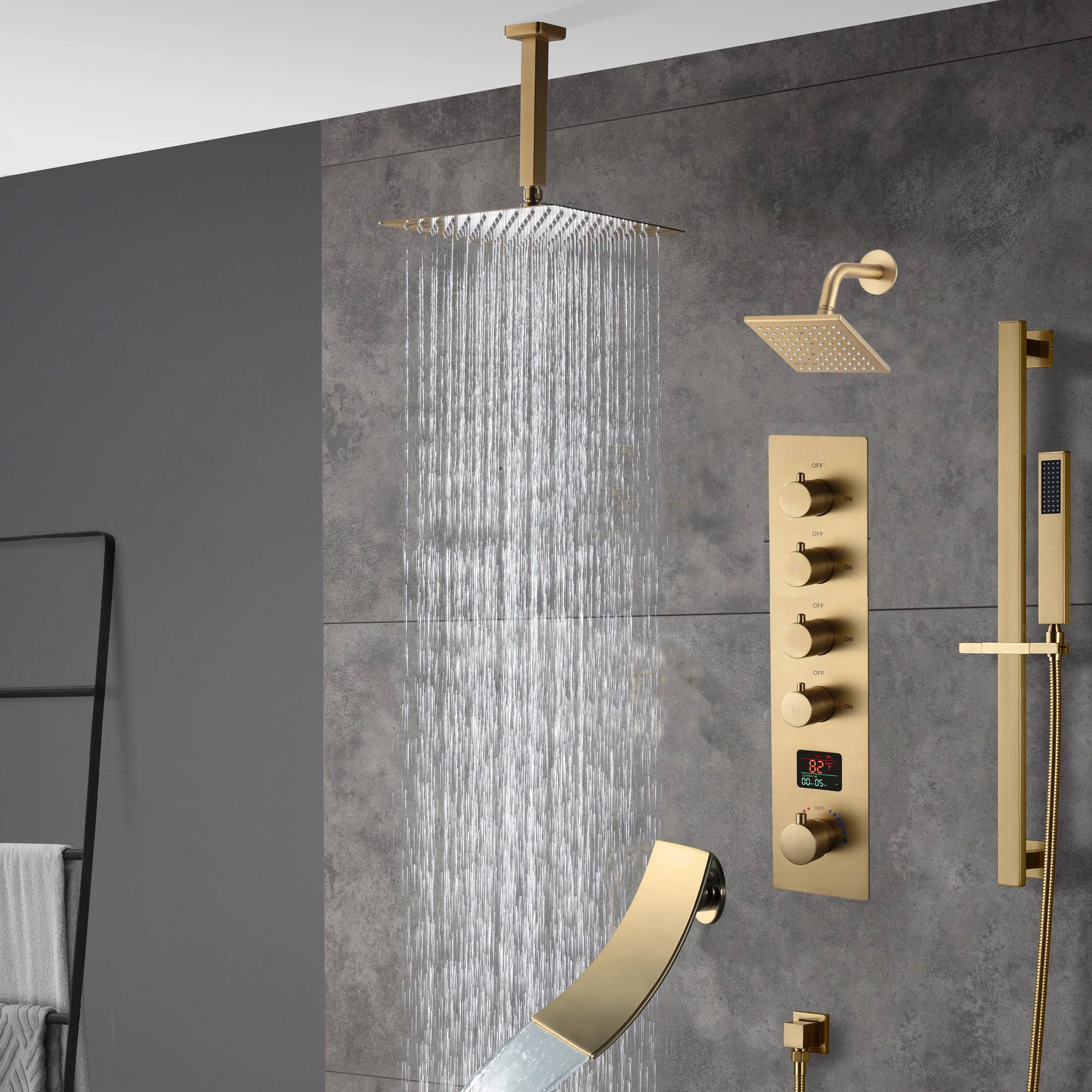 Brushed gold 12 inch or 16 inch rain head 4 way digital display thermostatic shower faucet with Regular head and Tub Spout - Image 5