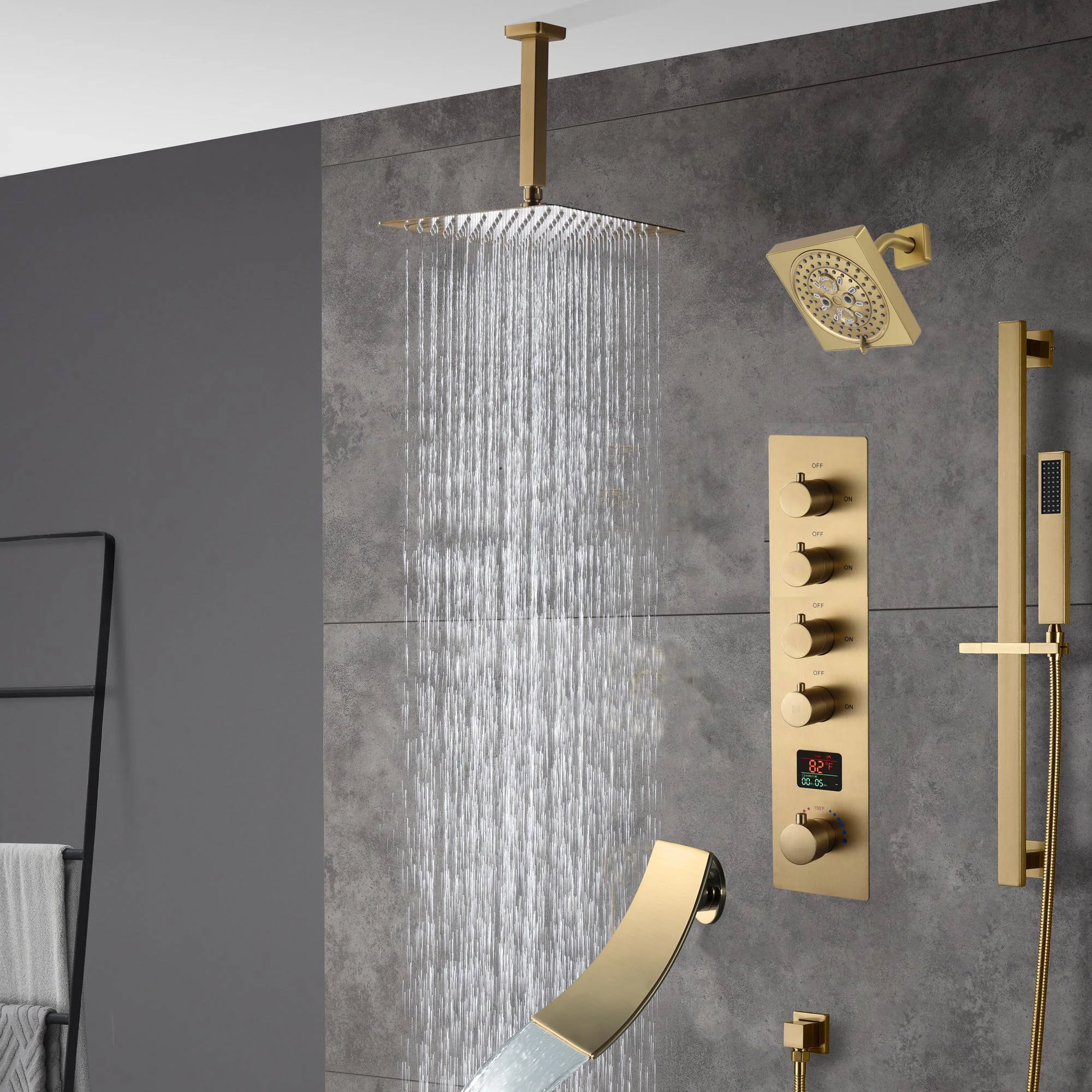Brushed gold 12 inch or 16 inch rain head 4 way digital display thermostatic shower faucet with Regular head and Tub Spout - Image 6