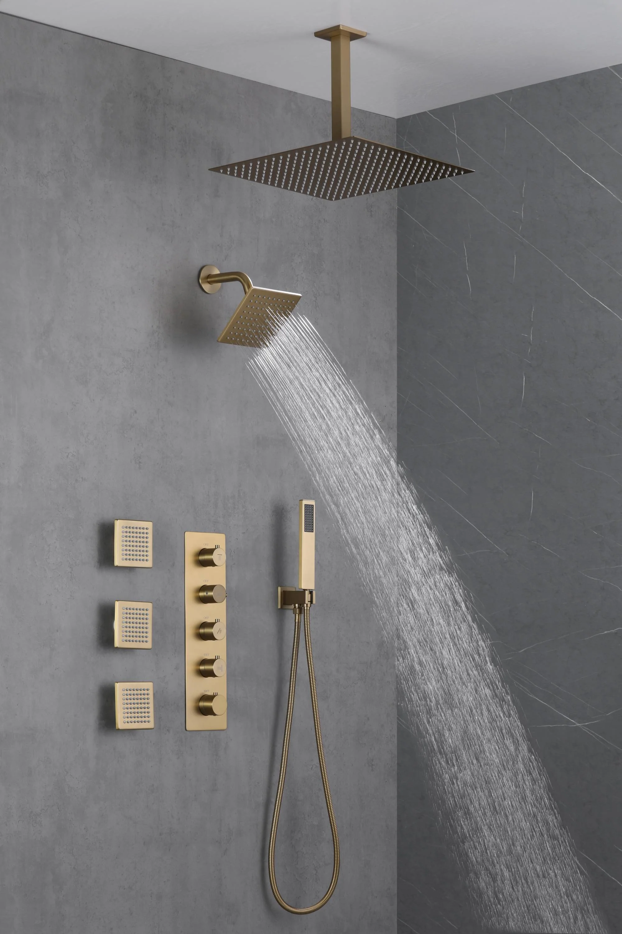 Brushed Gold 16-Inch Rainfall Ceiling Mount Shower Head with 4-Way Thermostatic Faucet, Body Jets, and High-Pressure Wall Mount Head - Image 10