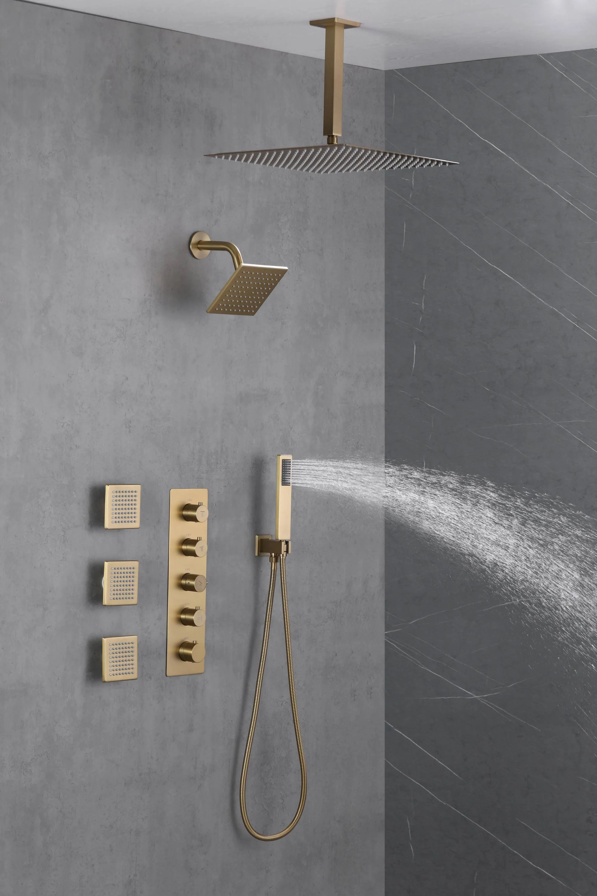 Brushed Gold 16-Inch Rainfall Ceiling Mount Shower Head with 4-Way Thermostatic Faucet, Body Jets, and High-Pressure Wall Mount Head - Image 12