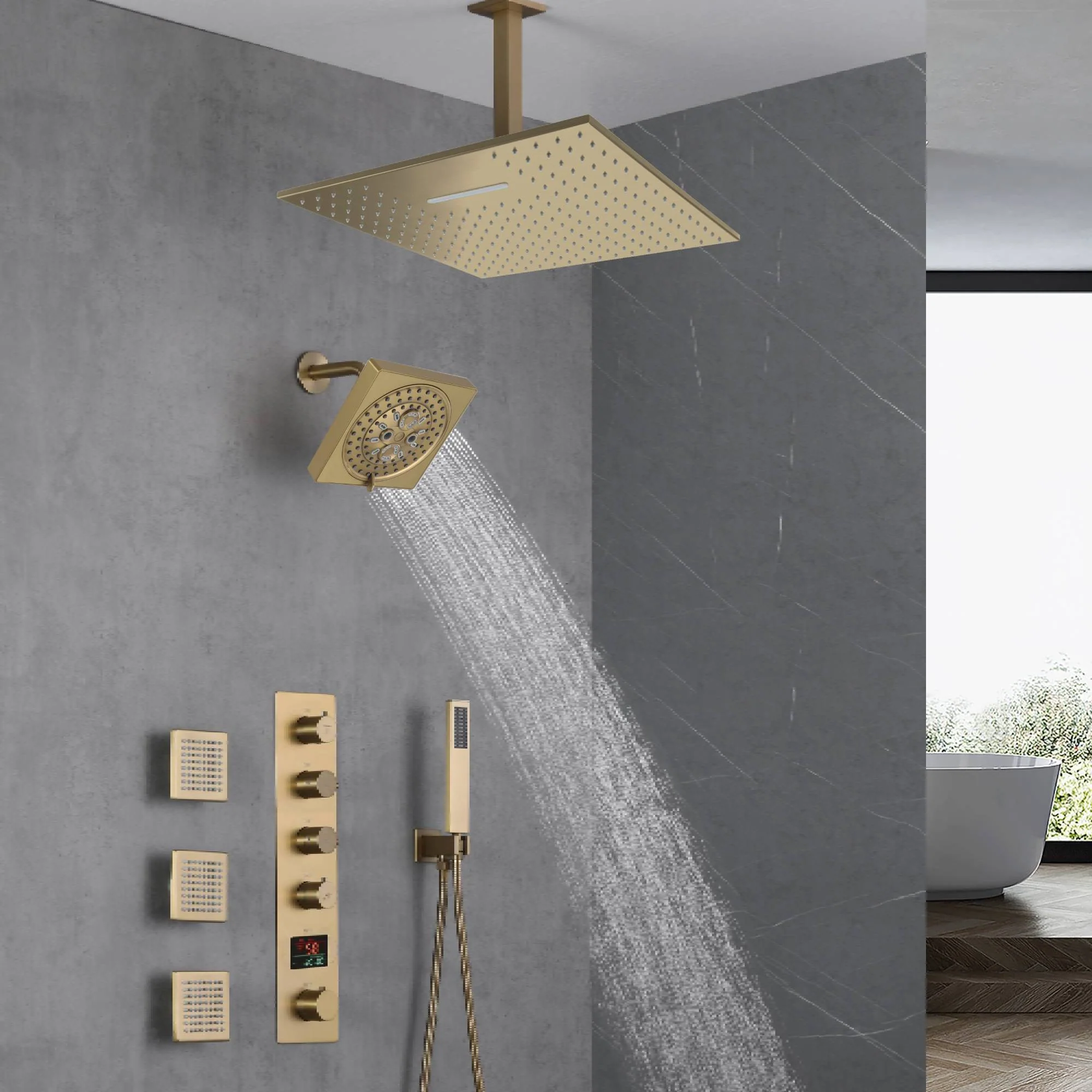 Brushed Gold 16-Inch Rainfall Ceiling Mount Shower Head with 4-Way Thermostatic Faucet, Body Jets, and High-Pressure Wall Mount Head - Image 2